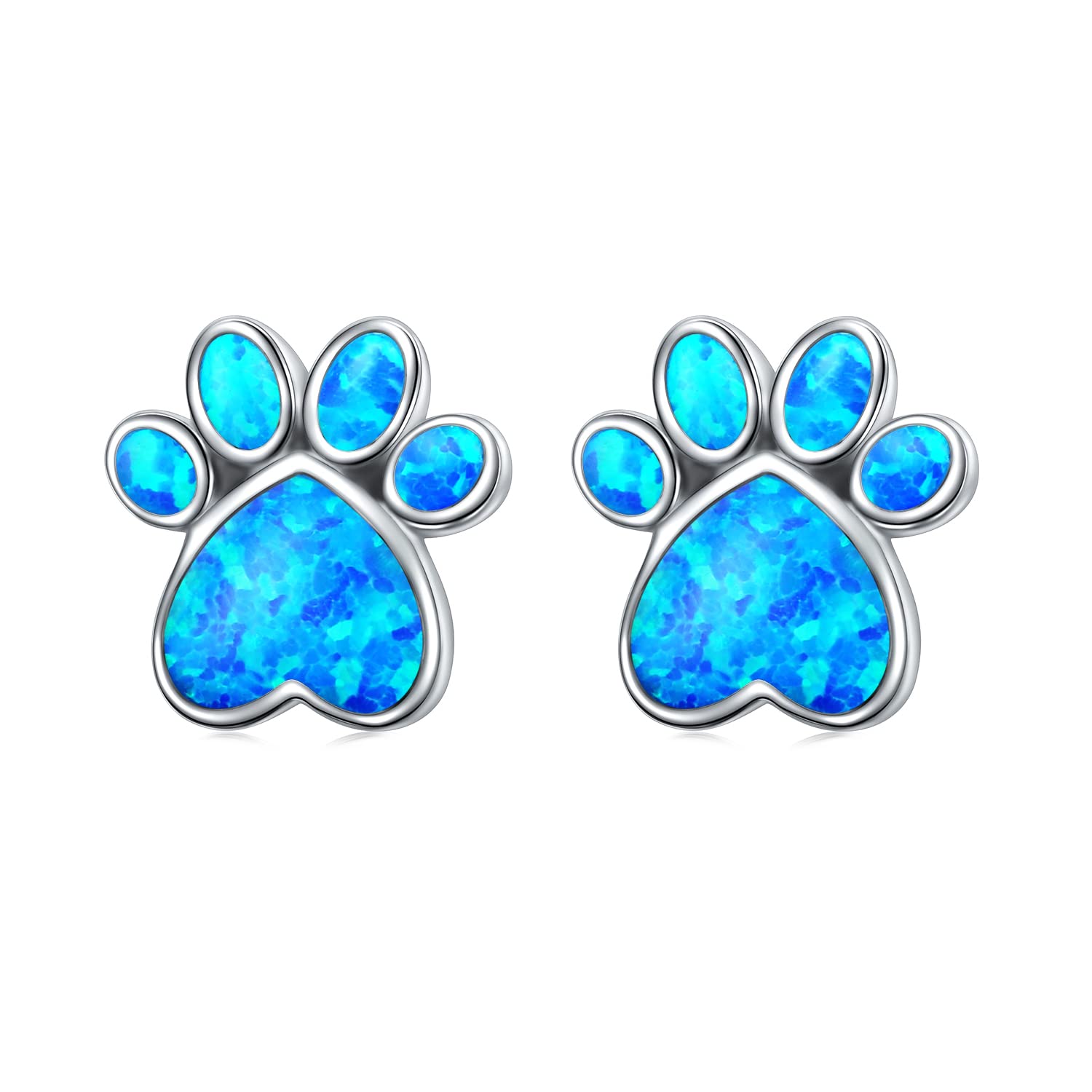 S925 Sterling Silver Pet Paw Print Stud Earrings - Blue Simulated Opal Jewelry for Women | Cute Dog Cat Lover Gift for Everyday Wear & Special Occasions