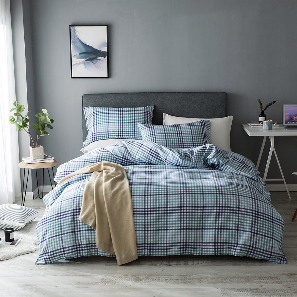 Premium 100% French Linen Duvet Cover Set - 3 Piece Bedding (Duvet Cover + 2 Pillow Shams) - Full/Queen Size - Blue & Green Checkered Pattern - Breathable & Soft for All Seasons - Perfect for Master Bedroom, Guest Room & Vacation Homes