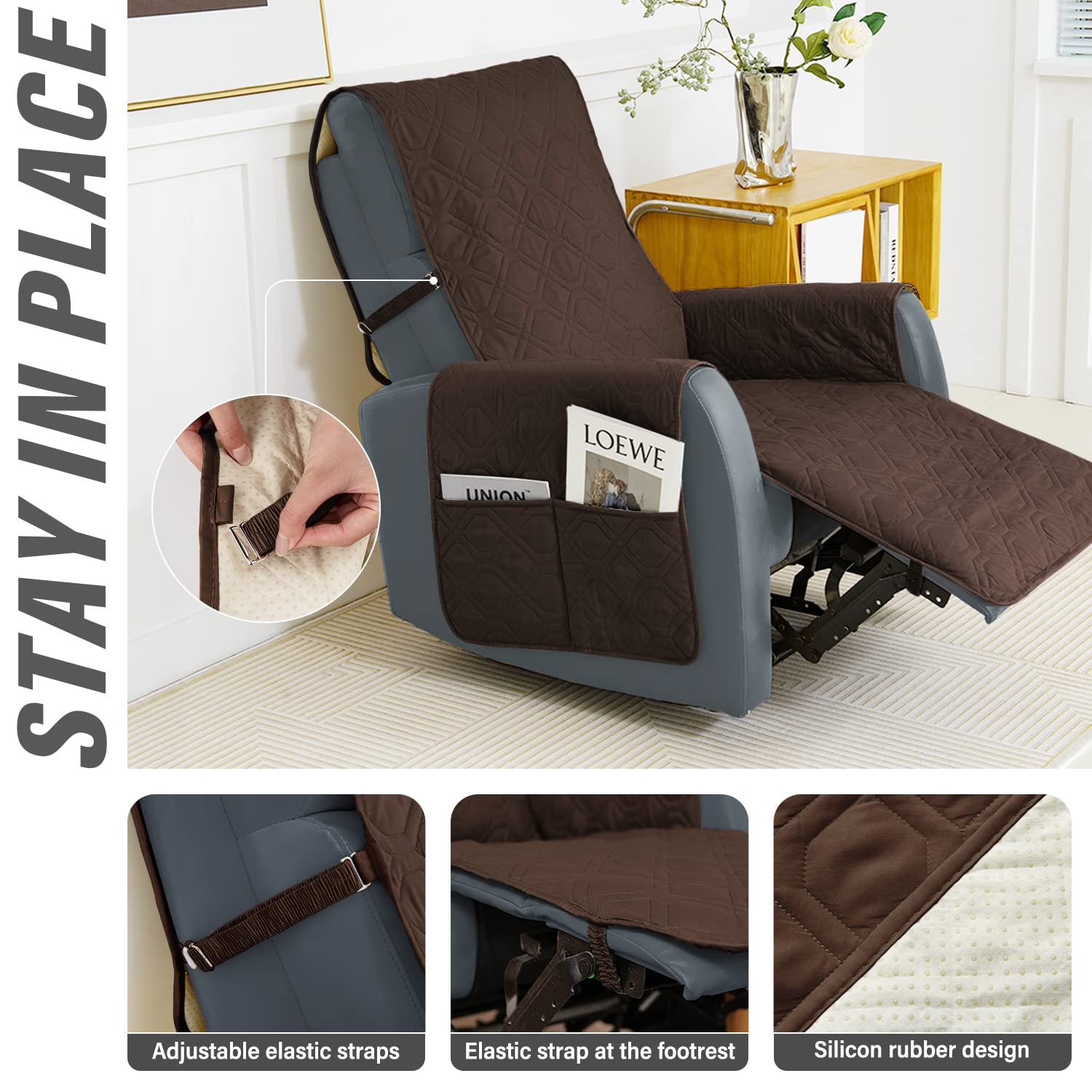 Non-Slip Recliner Chair Cover - Machine Washable Sofa Slipcover with Straps for Dogs | Furniture Protector (Brown, Fits 23-inch Recliner) | Perfect for Pet Owners & Living Room Protection