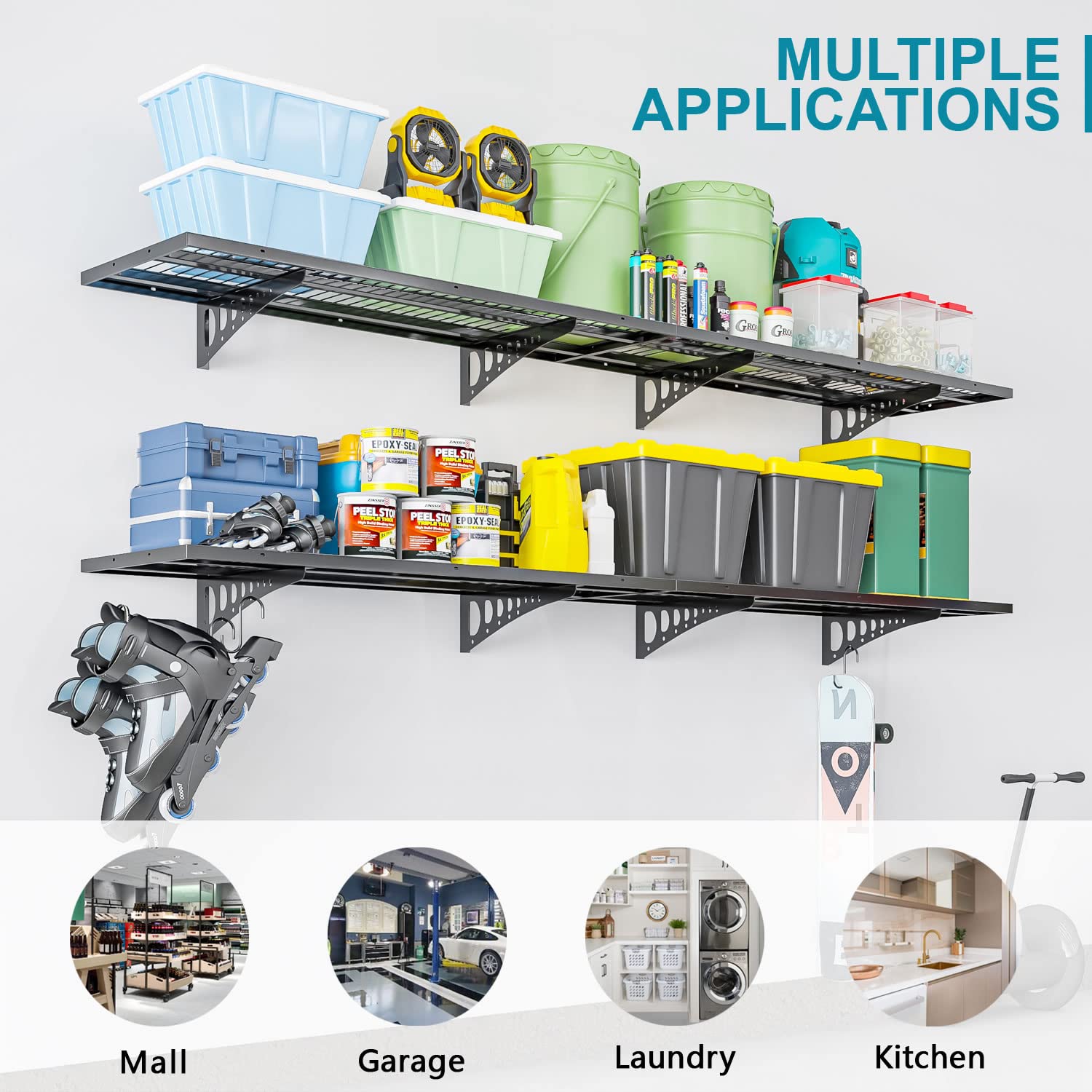 Heavy Duty Wall Mounted Garage Storage Shelves - 2 Pack 1.5x3.8ft Black Metal Shelving Units, 500 lbs Capacity Adjustable Floating Wall System - Perfect for Garage Organization, Workshop Storage & Home Utility Shelving