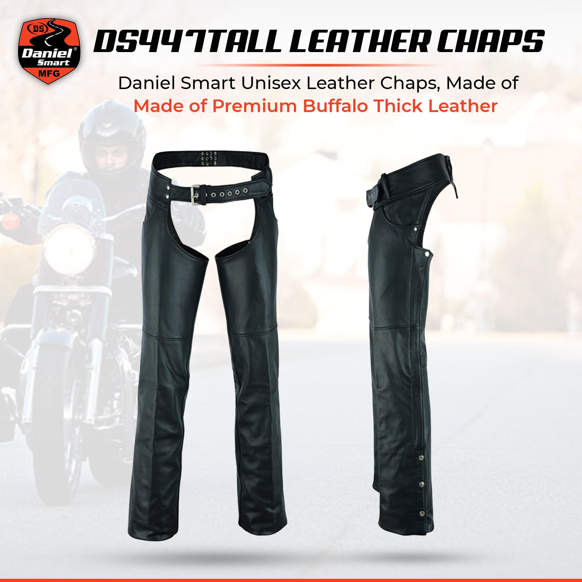 Daniel Smart Motorcycle Leather Chaps - All Season Unisex Biker Pants with Adjustable Fit & Jean Style Pockets for Harley, Cruiser & Touring Rides