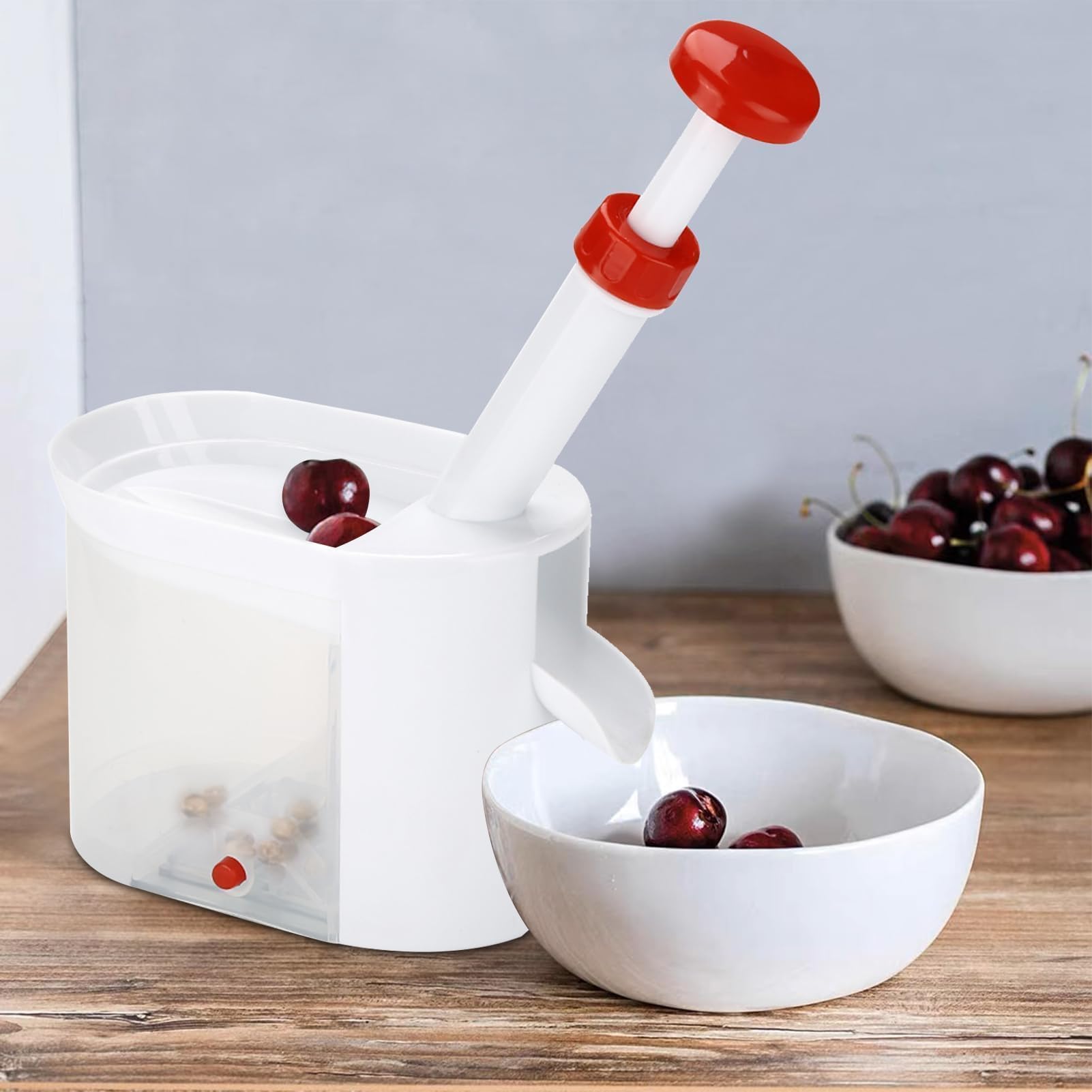 Cherry Pitter Tool with Stone Catcher Container - Reusable Plastic Cherry & Grape Seed Remover for Home, Kitchen, Travel - Perfect for Baking, Juicing, and Fruit Snacks