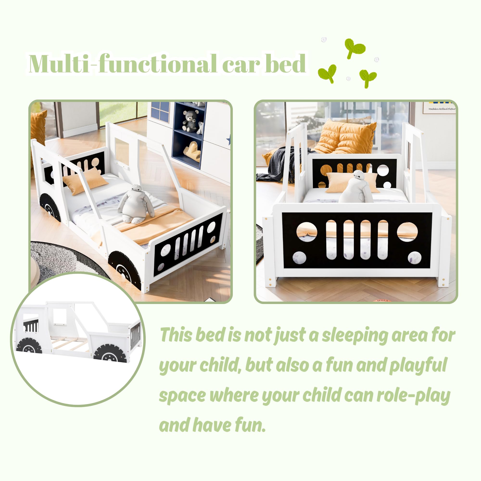 Twin Size Wooden Race Car Bed Frame with Headboard & Footboard - 4 Safety Side Rails - Kids Floor Bed for Boys & Girls - Perfect for Bedrooms, Playrooms & Sleepovers (White)