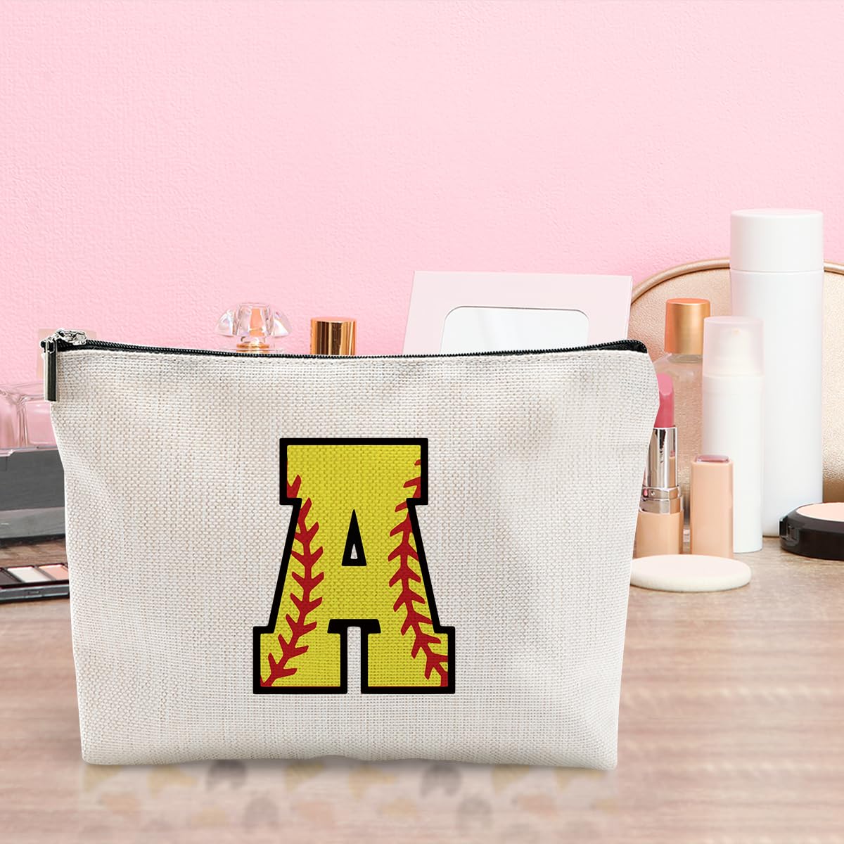 Personalized Monogrammed Makeup Bag for Women & Girls - Custom Cosmetic Pouch, Toiletry Bag, Softball Coach Gift (A-Z) - Perfect for Travel, Gym, Team Gifts & Everyday Use