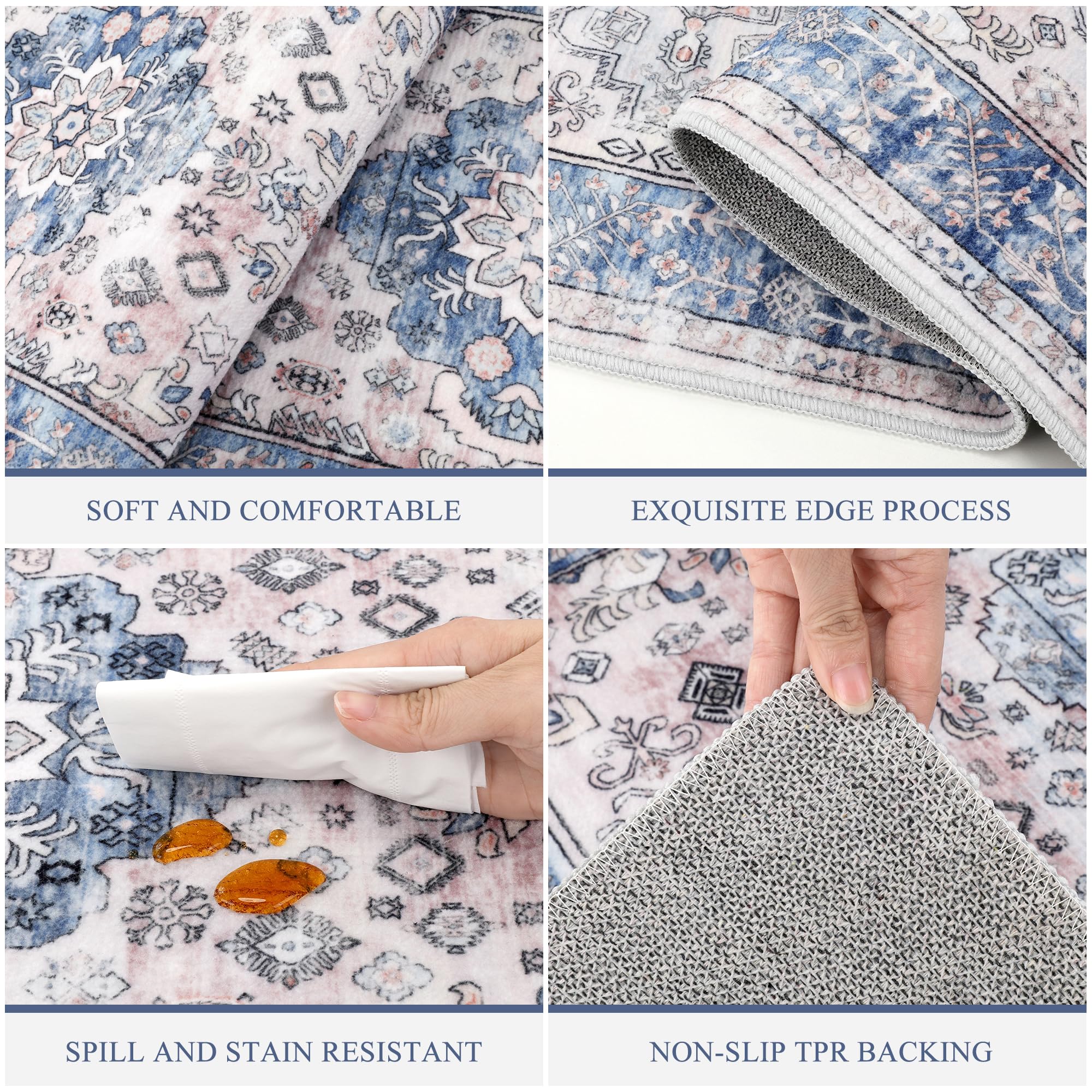 Premium Non-Slip Washable Kitchen Rugs Set of 3 - Farmhouse Style Boho Floor Mats for Kitchen Sink, Hallway & Laundry Room - Anti-Fatigue Cushioned Carpet Runner - Blue Home Decor (Perfect for High-Traffic Areas & Spill-Prone Spaces)