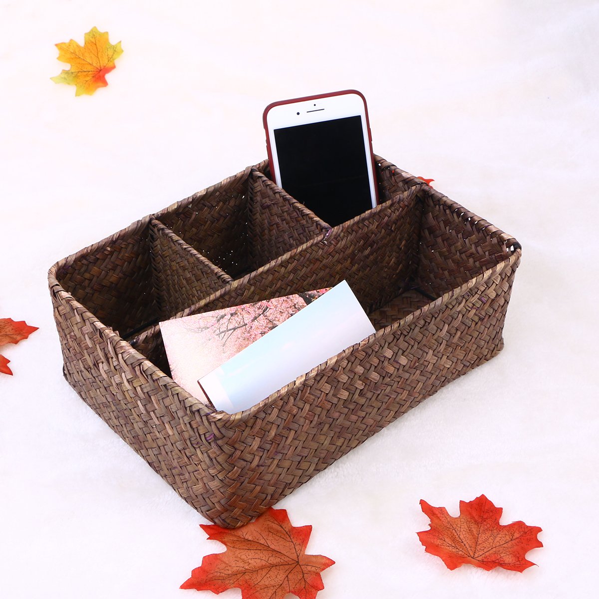 Stackable Wicker Makeup Organizer Drawer with Lid - Rectangular Seagrass Storage Baskets for Cosmetics | Desktop Woven Box for Beauty Products & Office Supplies