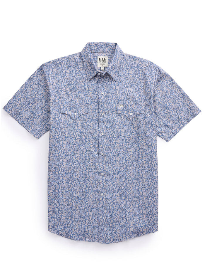 Ely Cattleman Men's Short Sleeve Western Snap Shirt - Paisley Print in Navy Blue | Casual Wear for Rodeo, Country Music Festivals & Outdoor Events