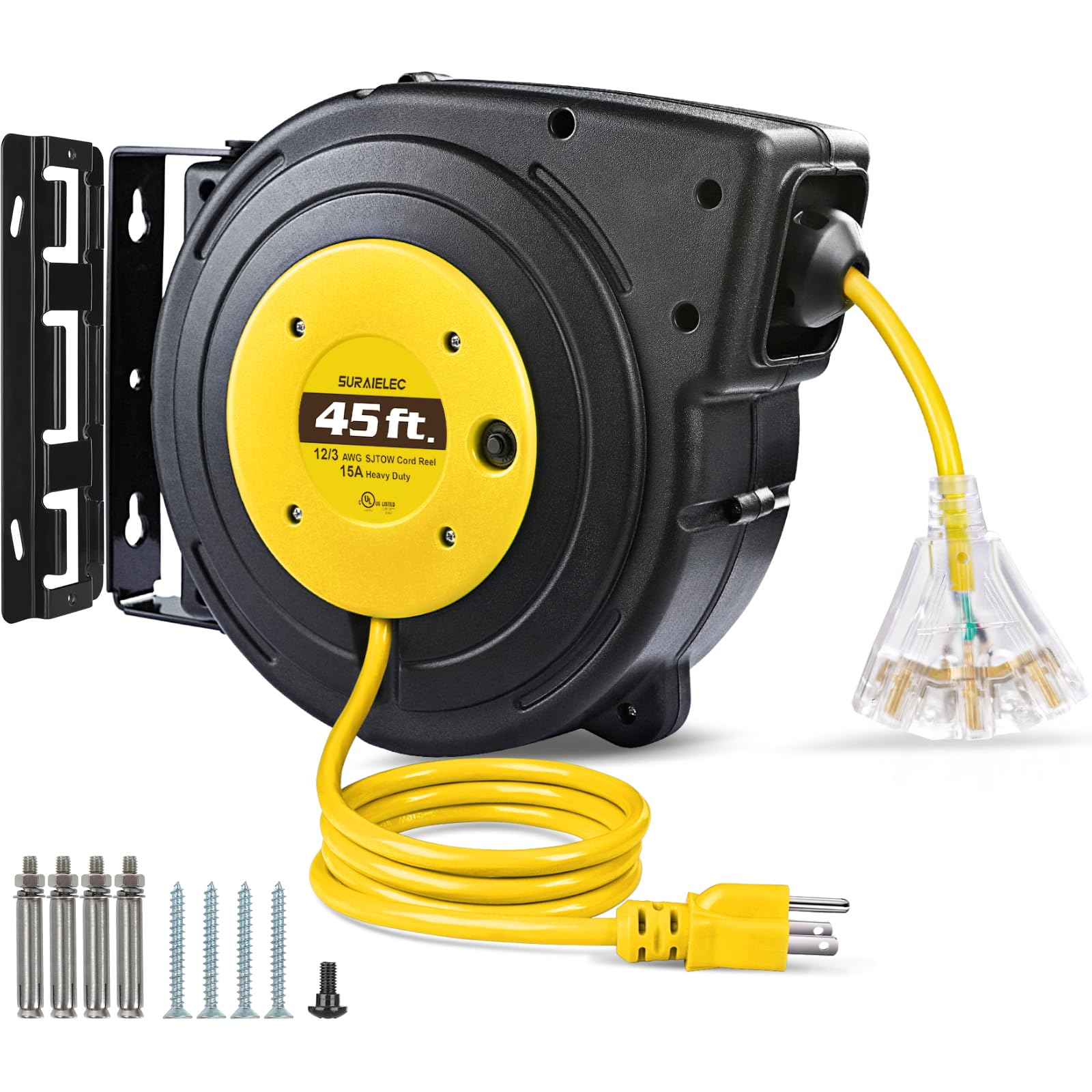 SURAIELEC 12 Gauge 45FT Retractable Extension Cord Reel - Heavy Duty 12 AWG/3C SJTOW Power Cord with 15 AMP Circuit Breaker & Lighted Triple Tap - UL Listed for Ceiling or Wall Mount - Perfect for Workshops, Garages, and Outdoor Power Tools