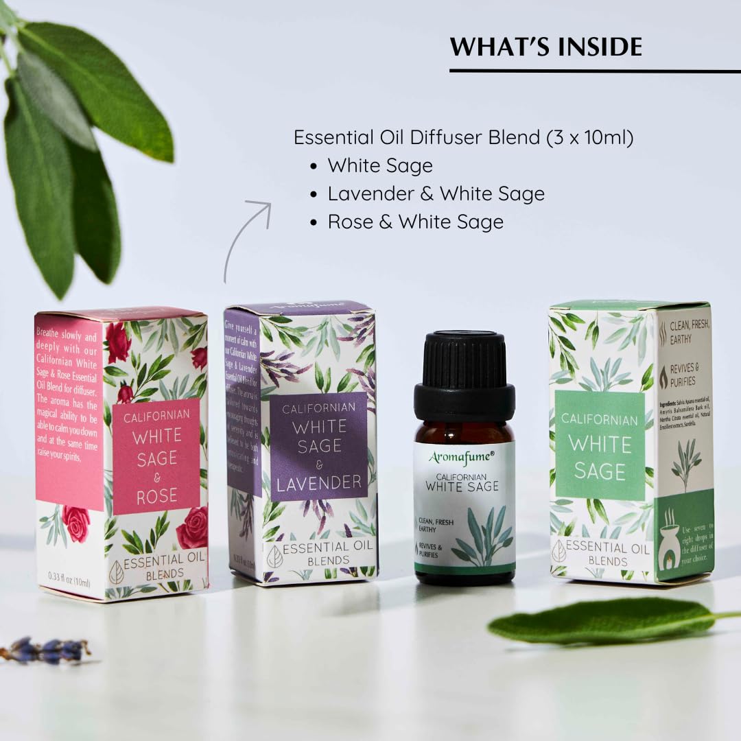Aromafume White Sage & Lavender Essential Oil Blend - 3 x 10ml | Natural Smudging Alternative | Stress Relief, Meditation & Home Purification | Smoke-Free, Non-Toxic Aromatherapy Oil for Diffusers