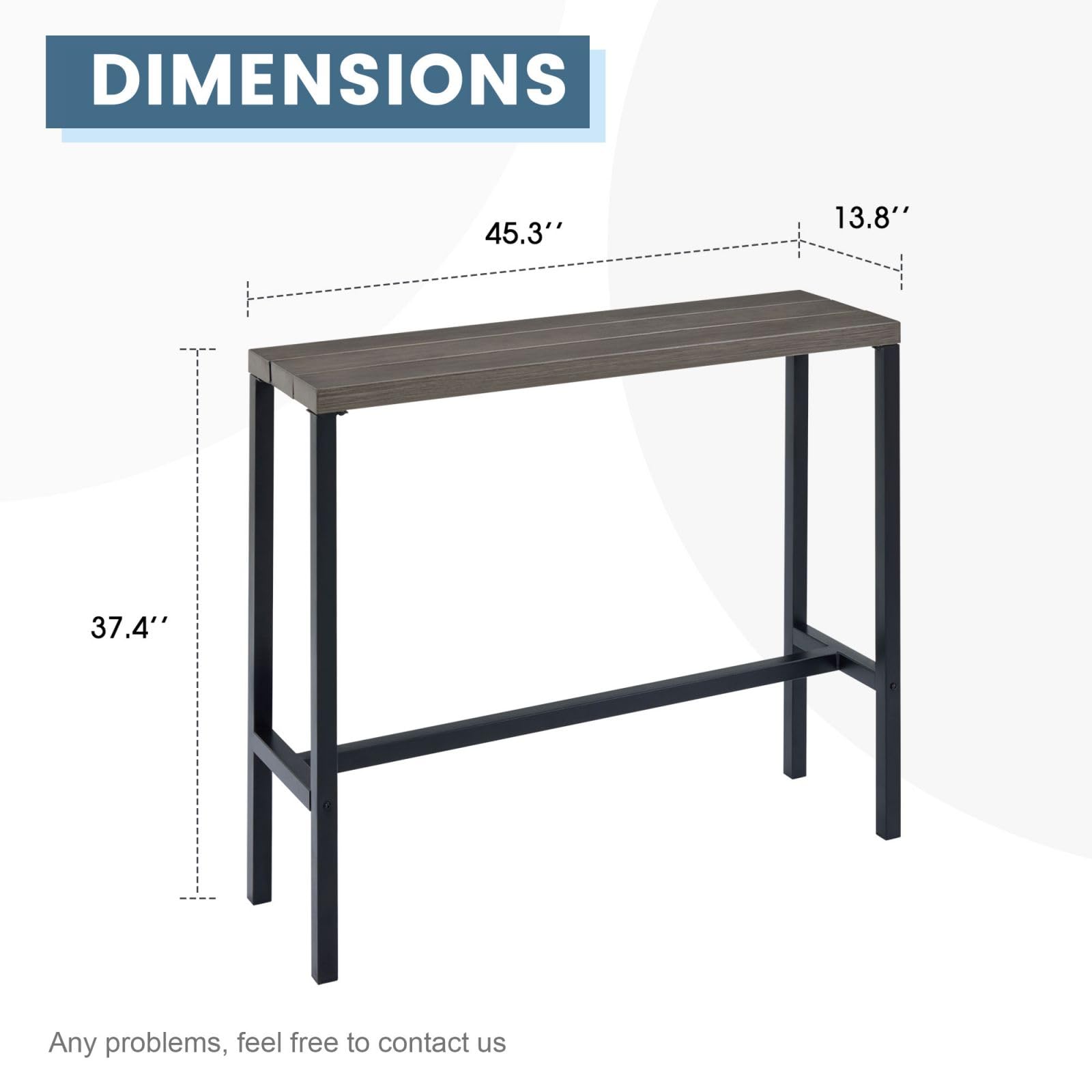DIFY 45.3 Inch Outdoor Bar Table - Patio Pub Height Dining Table with Wood-Like Tabletop - Narrow Rectangle Design for Bistro, Balcony, Garden & Backyard - Weather-Resistant Grey Finish - Perfect for Outdoor Entertaining, BBQs & Small Space Dining