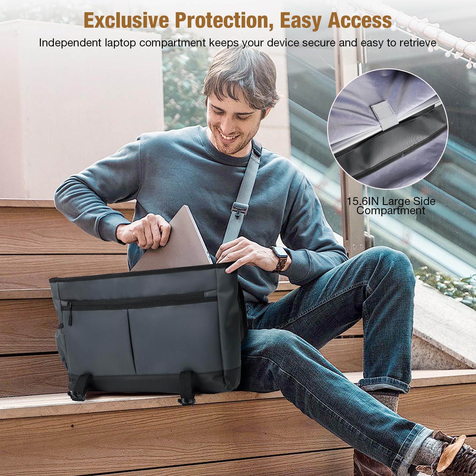 **Durable Waterproof Messenger Laptop Bag for Men & Women – 15.6 Inch Stylish Shoulder Bag with Crossbody Strap – Perfect for Work, School & Travel – Silver Grey**
