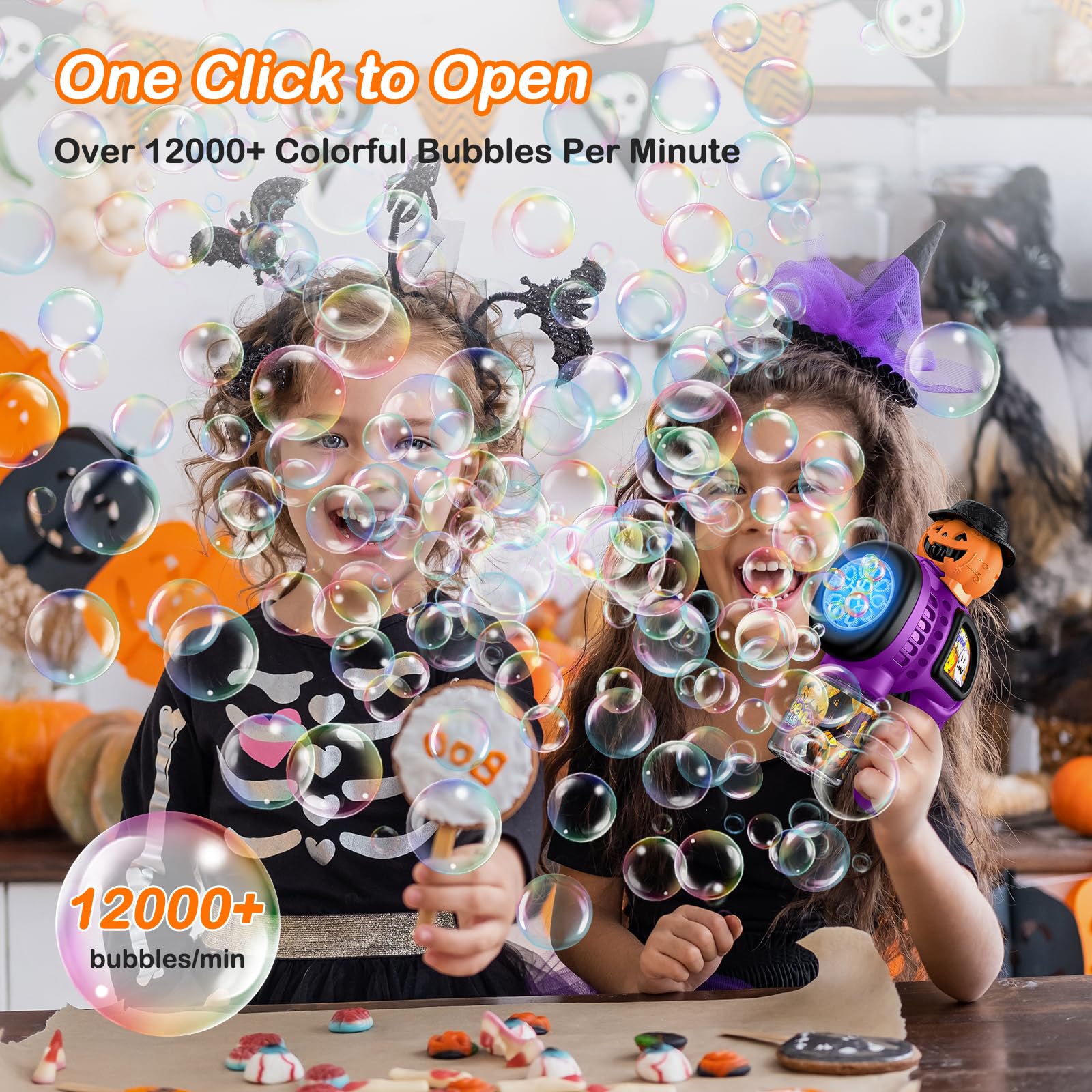 Fansteck Halloween Bubble Gun for Kids - 10 Hole Pumpkin Bubble Blower with LED Lights, Automatic Bubble Machine Toy for Toddlers | Perfect for Halloween Parties, Outdoor Play, Birthday Favors & Backyard Fun