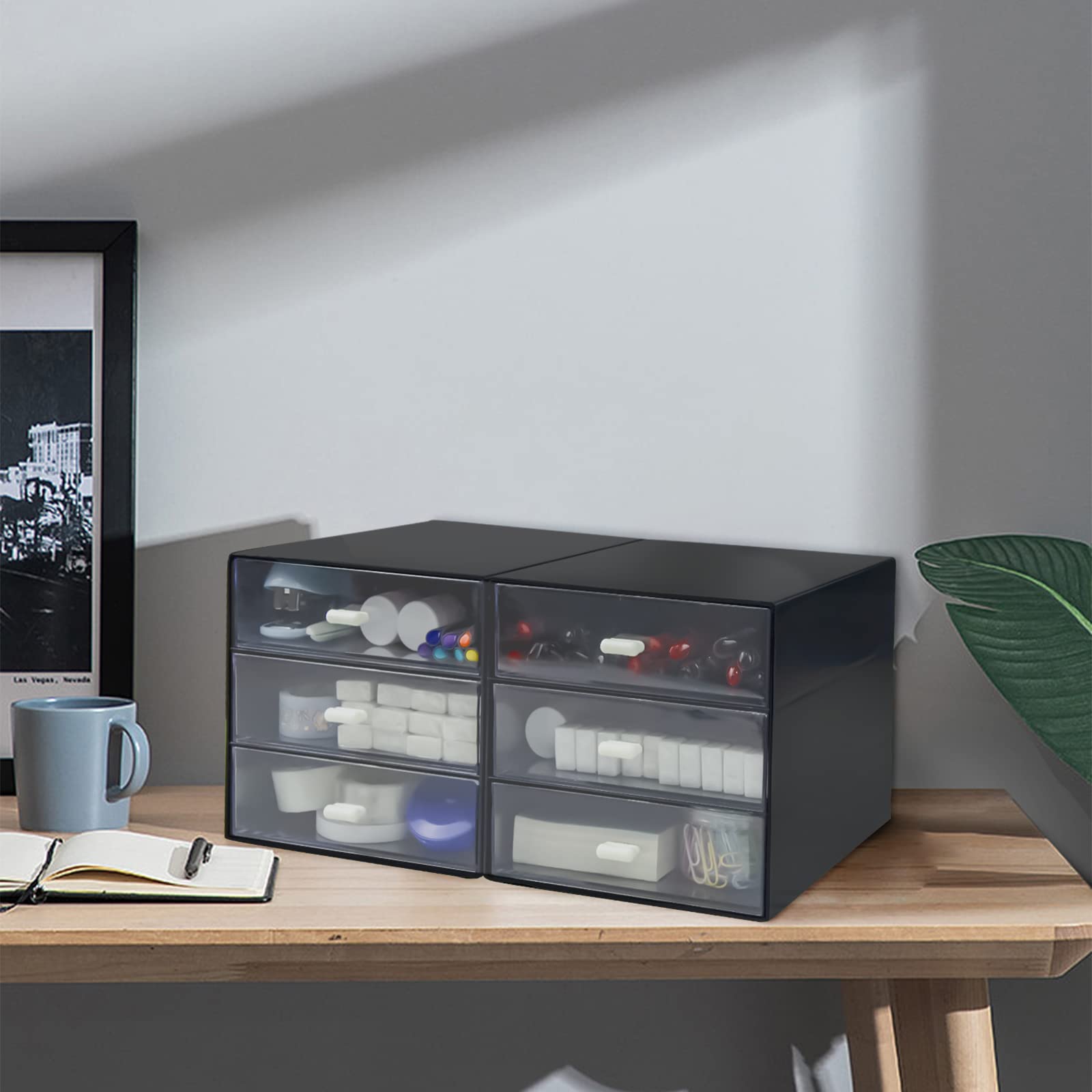 3-Drawer Black Plastic Desk Organizer with Storage Box - Office, School & Home Stationery Supplies Organizer for Pens, Paper Clips & Small Accessories - Perfect for Workspace, Study Desk & Dorm Room Organization