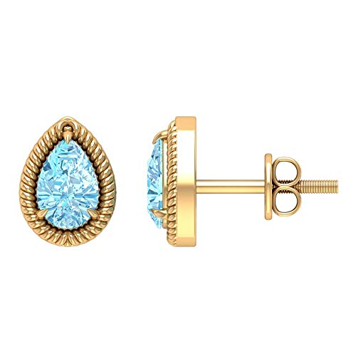 Aquamarine Stud Earrings for Women - 14K Solid Gold Pear Cut (4x6mm) Solitaire Earrings with Rope Frame - Elegant Jewelry Gift for Birthday, Anniversary & Special Occasions