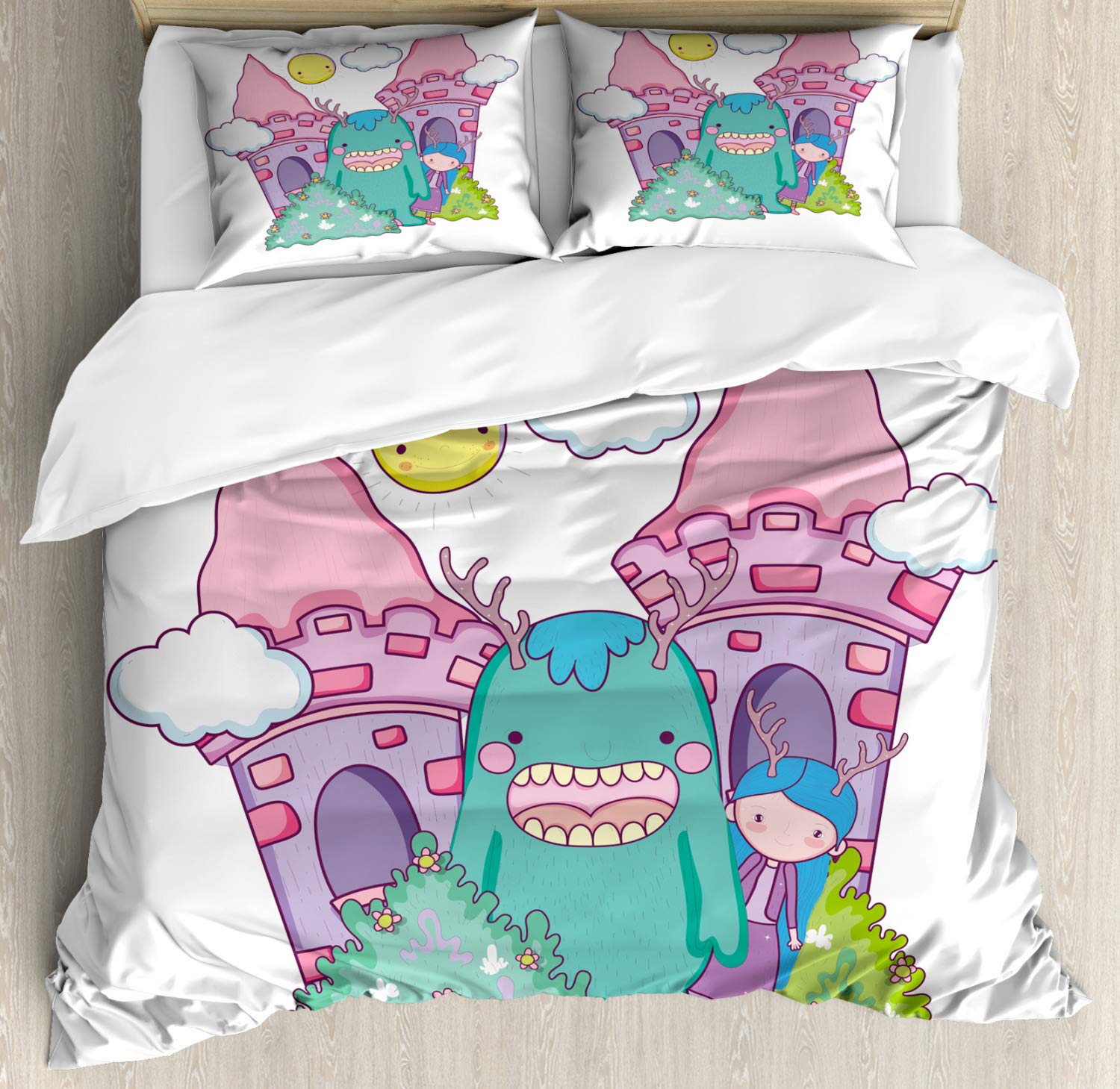 Ambesonne Alien Duvet Cover Set - Queen Size 3-Piece Bedding with Fantasy Cartoon Design, Castle & Monster Print, 2 Pillow Shams - Vibrant Multicolor Decor for Kids' Room, Teen Bedroom or Sci-Fi Themed Spaces