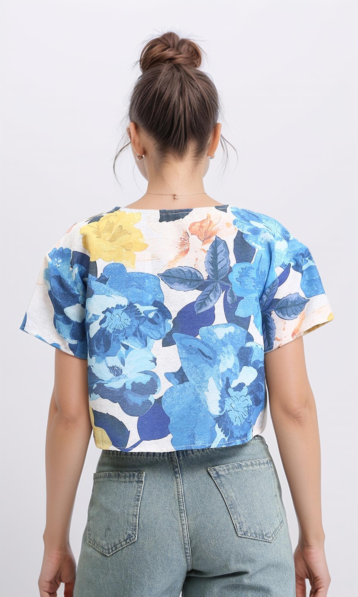 Floral Short Sleeve Summer T-Shirt for Women - Blue & Yellow Floral Print Top - Casual Wear, Beach Outfit & Summer Vacation Essential