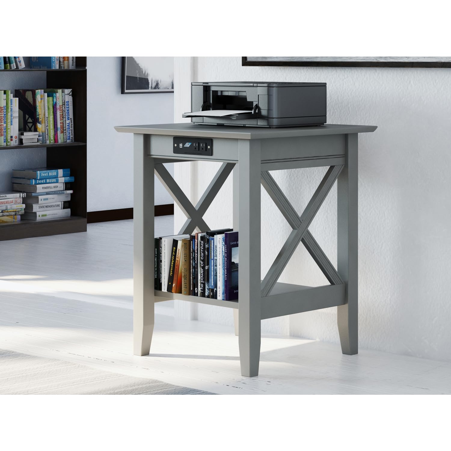 AFI Lexi Printer Stand with Charging Station - Adjustable Height Grey Home Office Desk Organizer for Printer, Laptop & Phone Charging | Perfect for Small Spaces & Workspaces