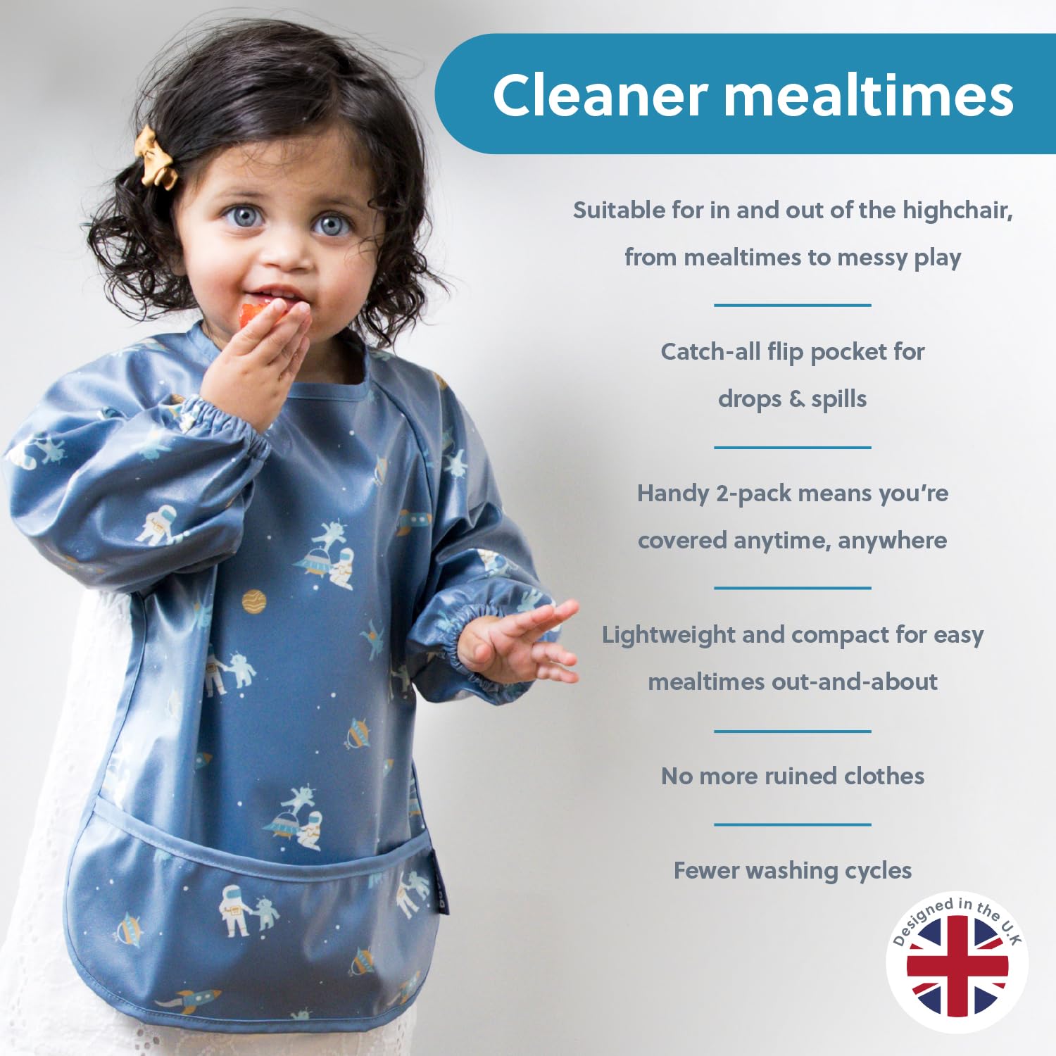 BIBaDO Mess Proof Baby Bibs - 2 Pack Long Sleeve Waterproof Bibs for Toddlers 6 Months to 3 Years | Machine Washable Feeding Bibs for Mealtime, Snacks & Art Activities