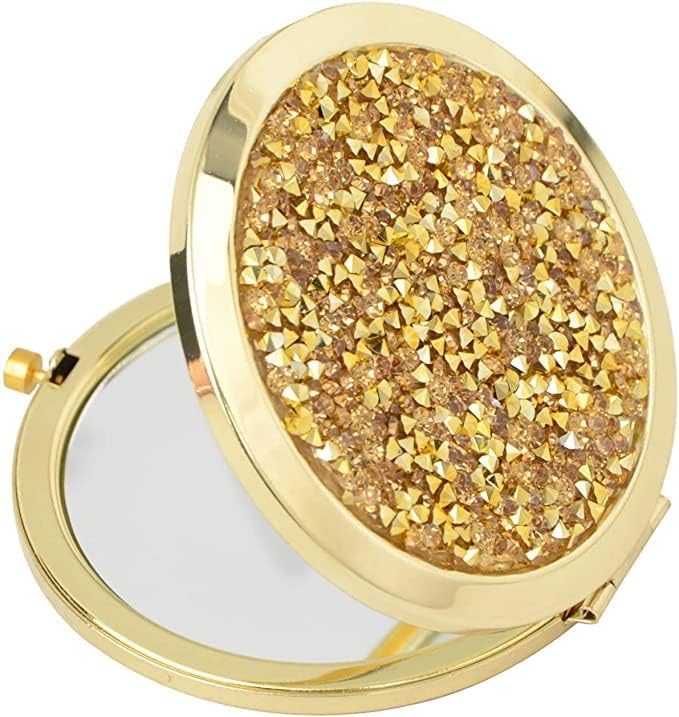 Gold Compact Mirror for Women with Mix Diamond Design - 2x & 1x Magnification Folding Pocket Mirror | Portable Travel Makeup Mirror for Purse | Perfect Gift for Her (Ideal for Travel, Home, Office & Touch-ups)