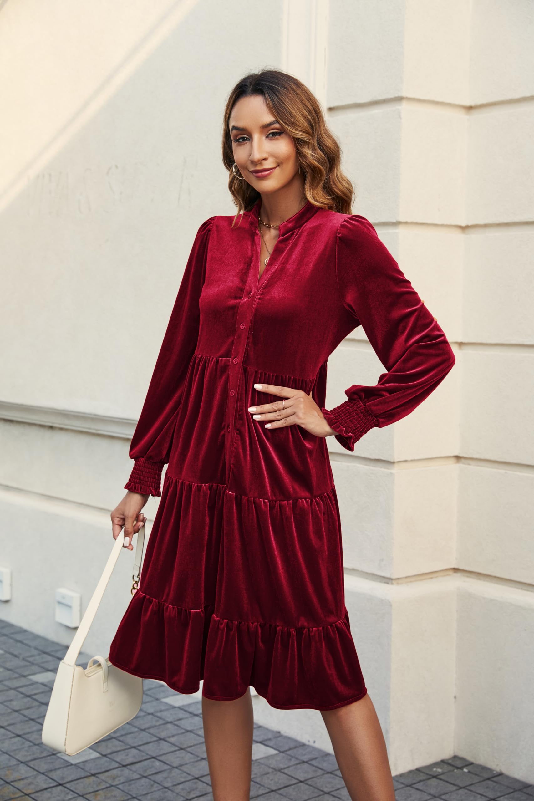 CYLADY Women's 2024 Spring Velvet Ruffle V-Neck Long Sleeve Flowy Swing Dress - Elegant Casual Tunic Shift Dress for Work, Date Night & Special Occasions