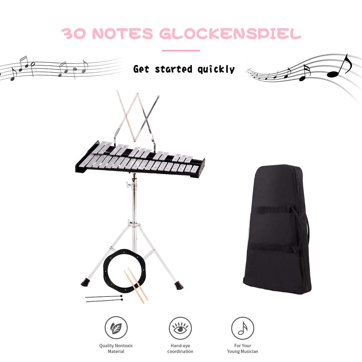 Giantex 30-Note Percussion Glockenspiel Bell Kit with Carry Case, Practice Pad, Adjustable Stand, Mallets & Wooden Sticks - Complete Xylophone Instrument Set for Kids, Beginners & School Music Classrooms (Perfect for Home Practice, Band Performances & Music Education)