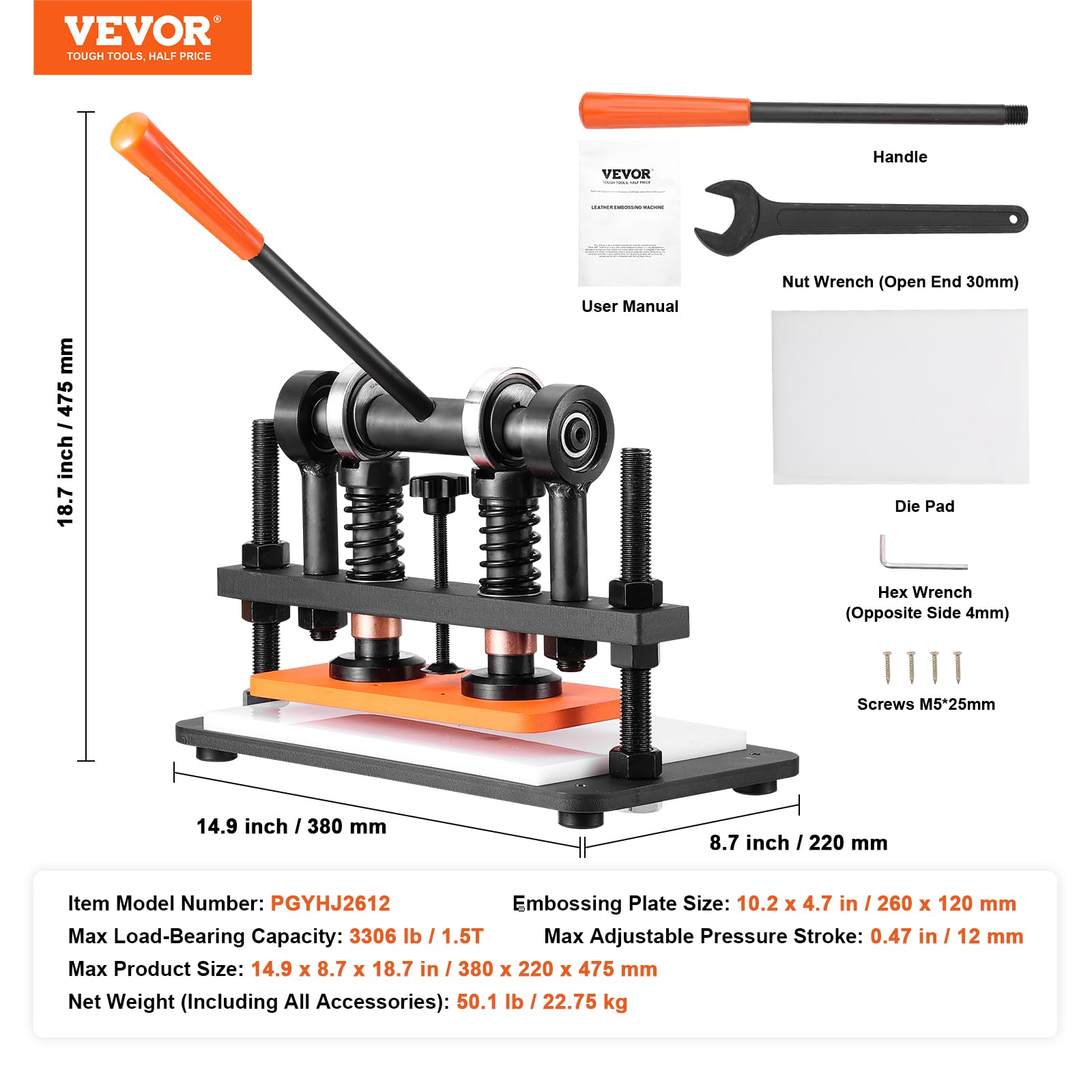 VEVOR Manual Leather Cutting Machine with 26 x 12mm Embossing Plate, 0.47