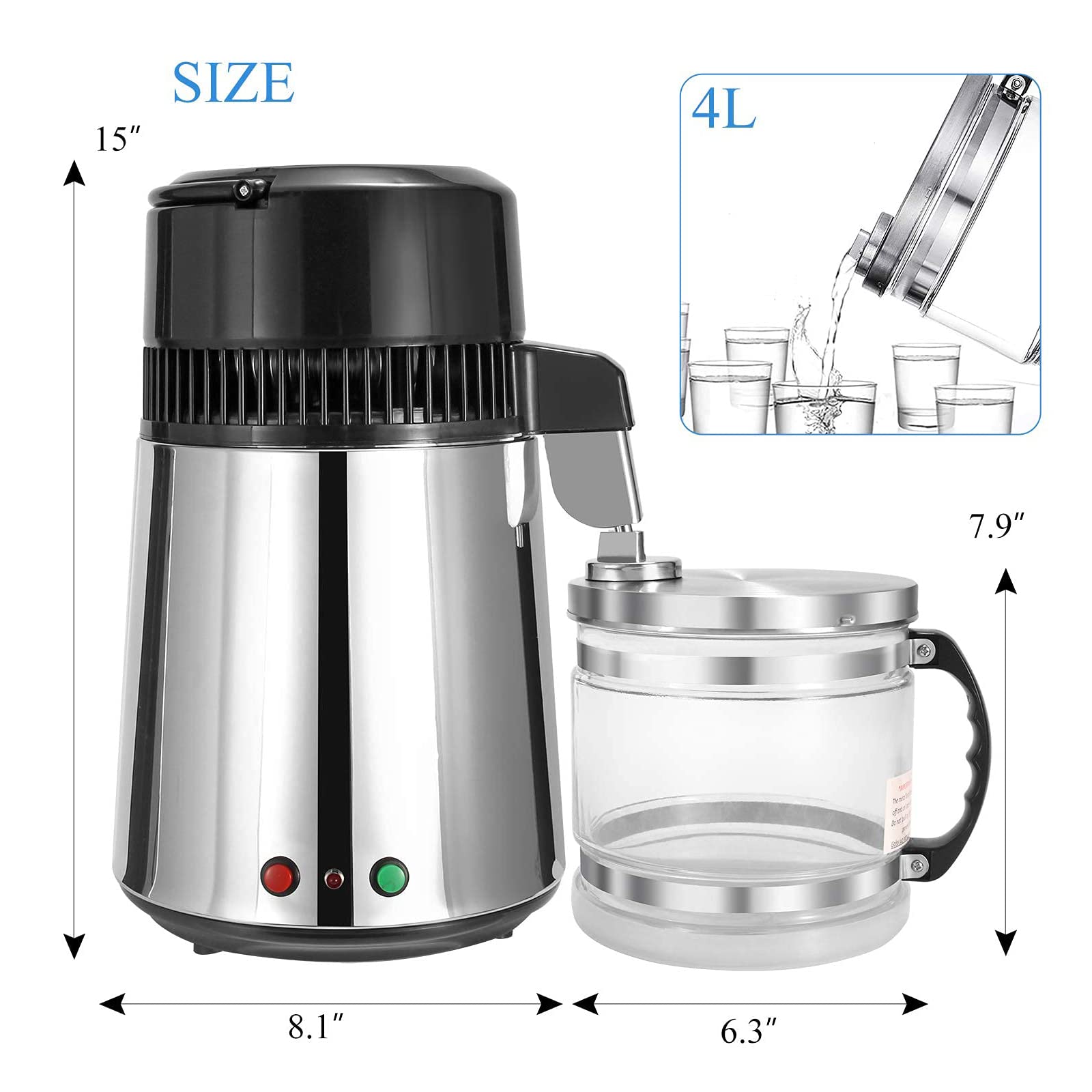 1 Gallon (4L) Pure Water Distiller Machine - 750W Countertop Water Filtration System with 1L/H Output | Home & Office Use for Drinking, Cooking, Baby Formula, and Aquariums