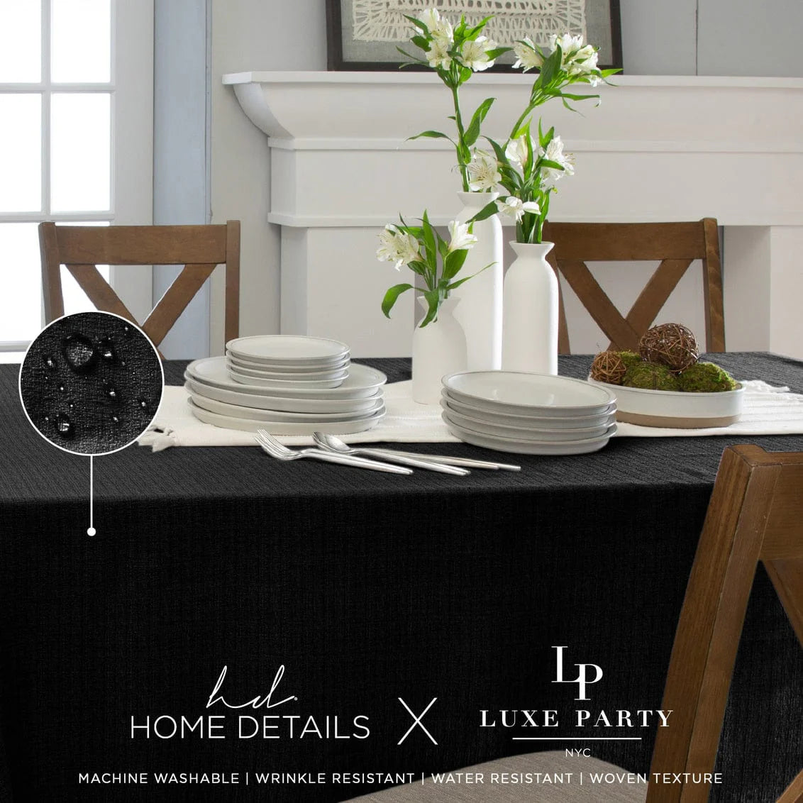 Premium Black Waterproof Polyester Tablecloth - Spill & Stain Resistant Dining Table Cover for Restaurants, Parties, and Outdoor Events
