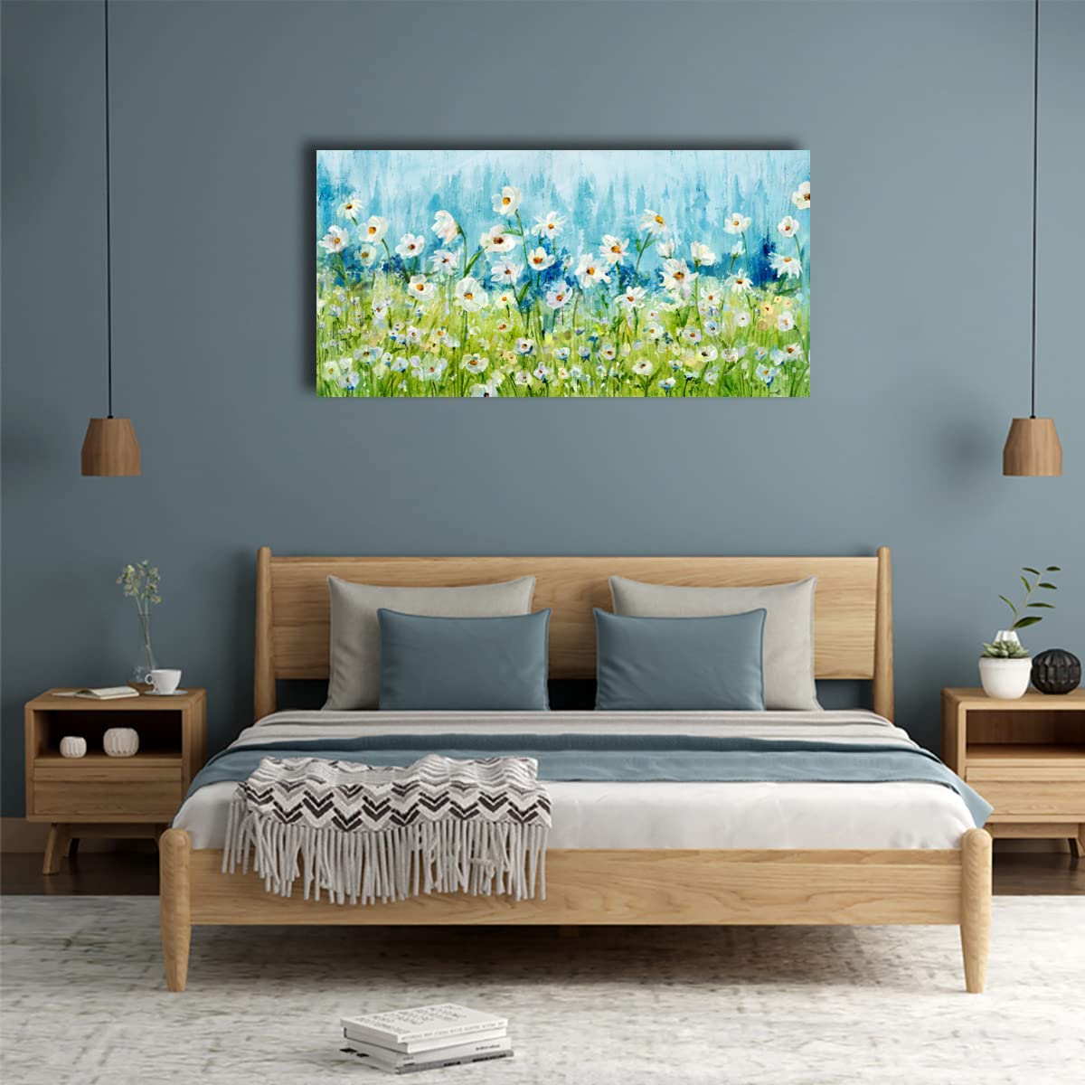 Blue Daisy Floral Canvas Wall Art - 24x48 Inch Framed Abstract Flower Painting with Green Grass Landscape - Modern Home Decor for Living Room, Bedroom, Kitchen & Office | Perfect Gift for Housewarming & Interior Design