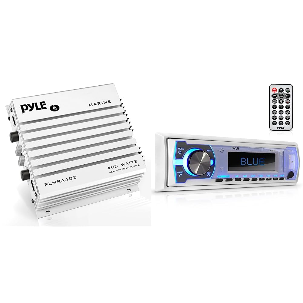 Pyle Hydra Marine Amplifier & Bluetooth Stereo Radio - 400W 4-Channel Audio Amp with 12V Single DIN Boat Stereo Receiver System | Perfect for Marine Audio Upgrades on Boats, Yachts & Watercrafts