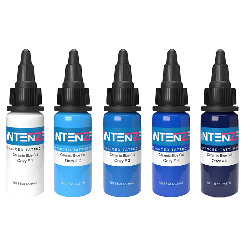 Intenze 5 Color Oozy Limited Edition Ceramic Blue Tattoo Ink Set - Professional Tattoo Artist Supplies for Vibrant Body Art & Permanent Makeup