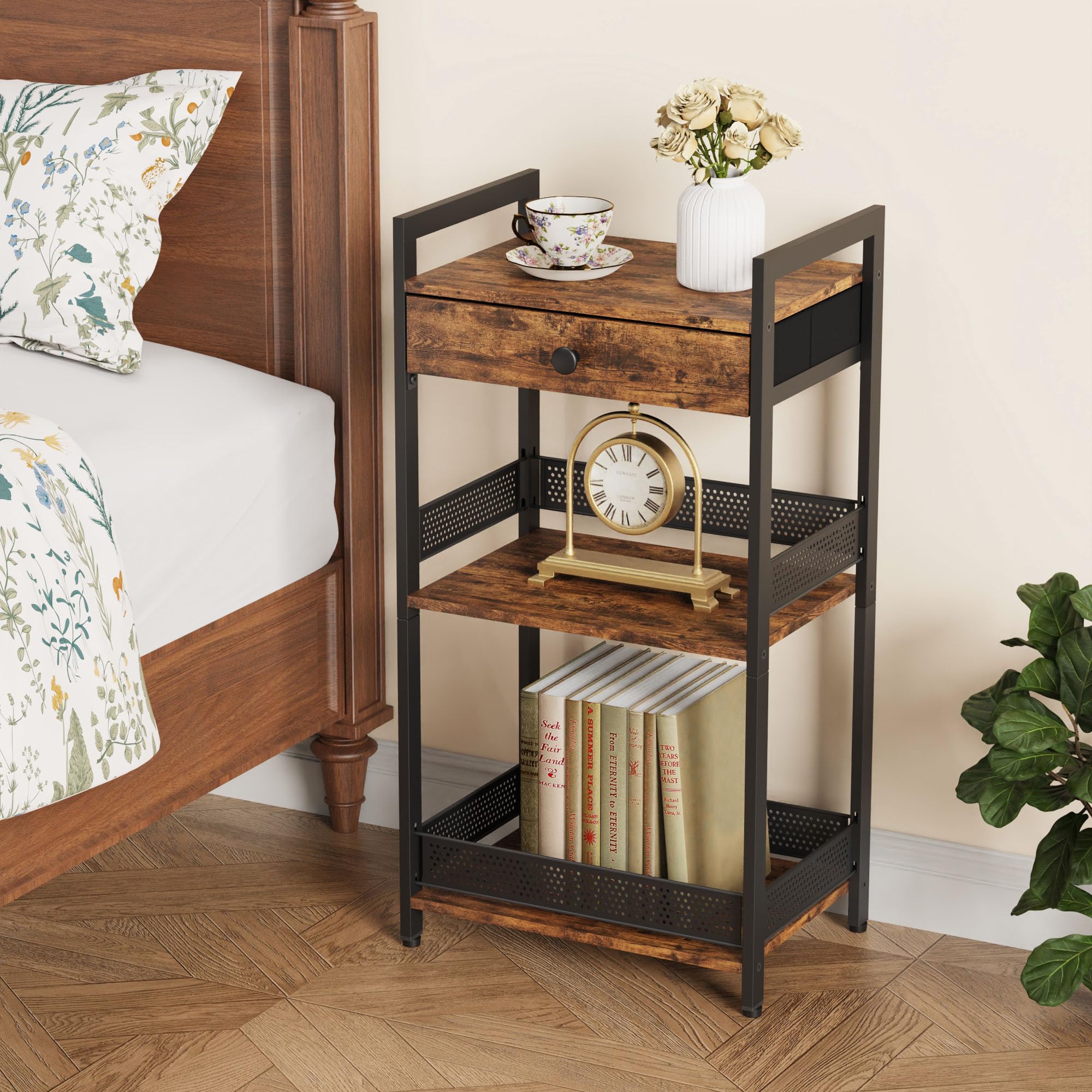 FAVOOSTY 3-Tier Bathroom Ladder Shelf with Drawer - Freestanding Towel Rack, Storage Organizer for Bath Essentials, Books & Decor - Rustic Brown Wooden Shelf for Bathroom, Living Room & Balcony | Perfect for Small Space Organization & Home Decor