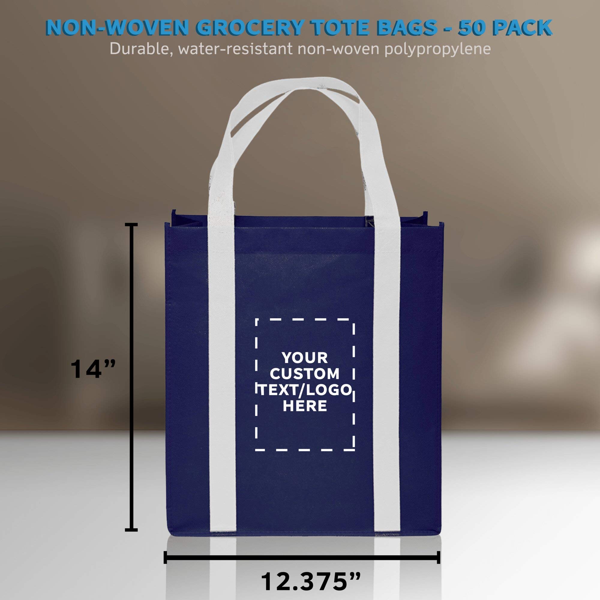 Custom Non-Woven Reusable Shopping Tote Bags - Bulk Pack of 50 Personalized Grocery Bags - Eco-Friendly Navy & White Totes for Shopping, Beach, Picnics, Wedding Favors & Retail Promotions | Great for Stores, Events & Sustainable Lifestyle