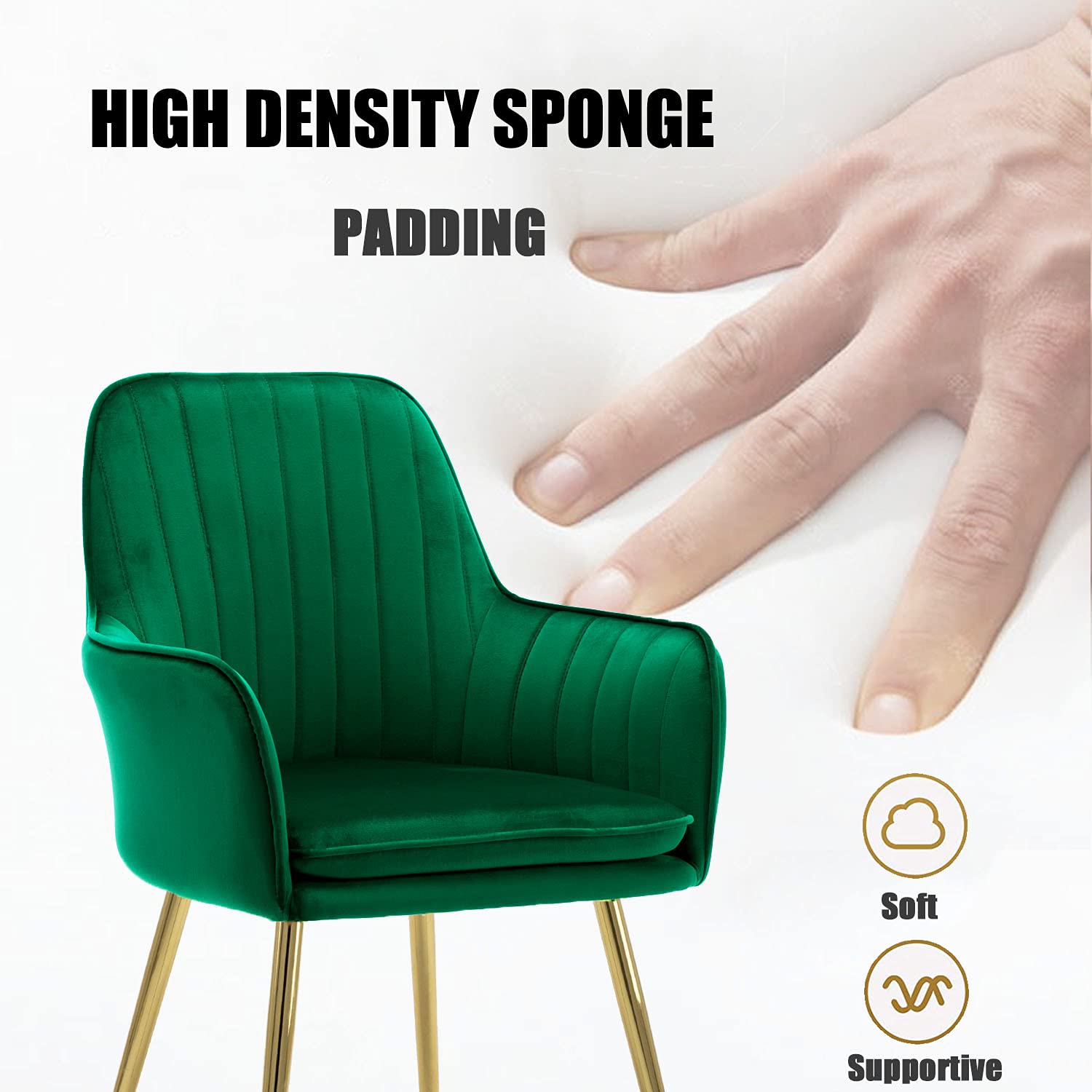 Modern Velvet Accent Dining Chair - Golden Metal Legs, Armless Home Office Desk Chair No Wheels for Living Room, Bedroom & Study - Green Upholstered Seat for Elegant Home Decor & Compact Spaces