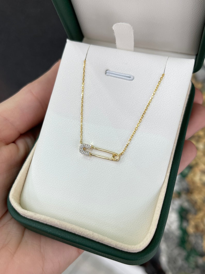 14K Gold Natural Diamond Safety Pin Necklace for Women - Elegant Layering Jewelry Gift for Birthday, Anniversary & Everyday Wear