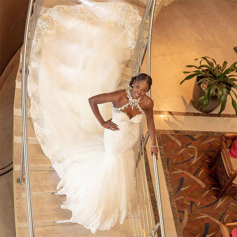 Elegant African Lace High Neck Mermaid Wedding Dress with Beaded Tulle - Perfect for Bridal Ceremonies, Evening Galas & Formal Events
