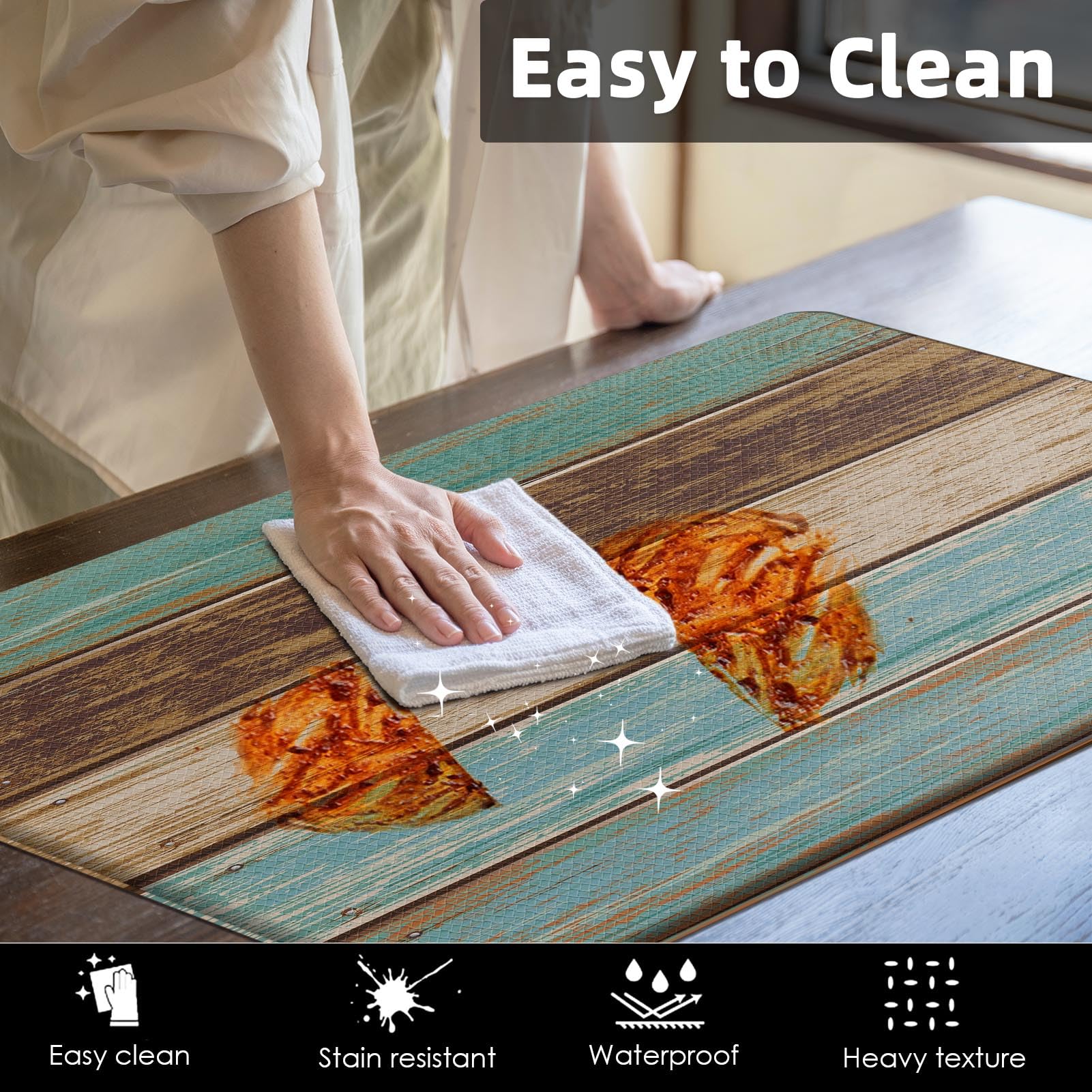 Anti-Fatigue Kitchen Rug Set of 2 - Cushioned Teal & Brown Floor Mats for Standing Comfort, Waterproof Non-Slip PVC Foam - Perfect for Kitchen, Office, or Laundry Room