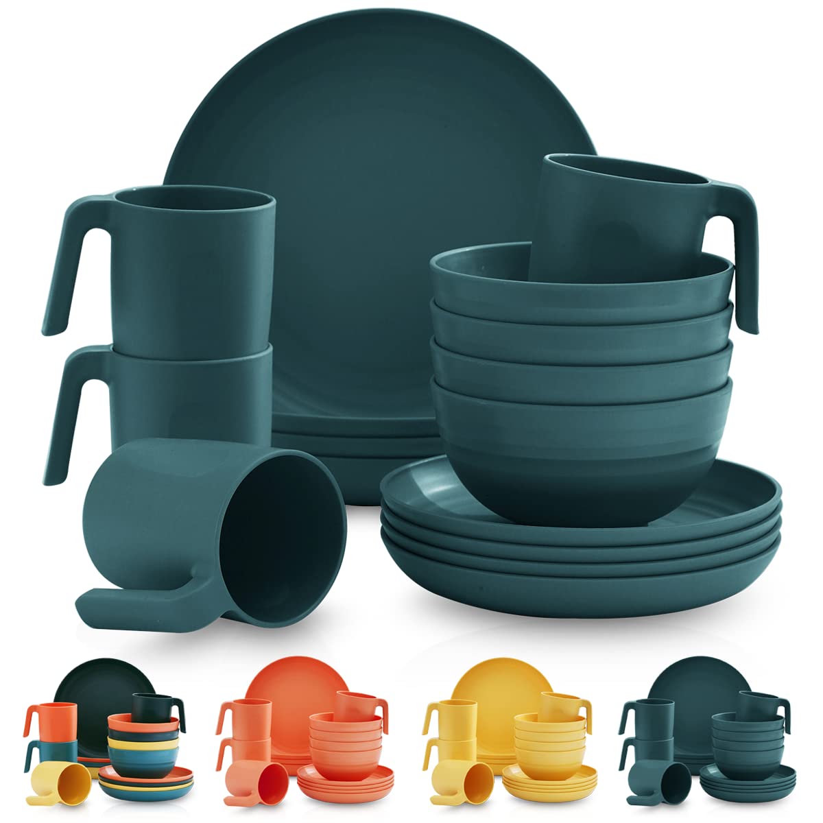 Kyraton 16-Piece Unbreakable Polypropylene Dinnerware Set - Shatterproof, Microwave & Dishwasher Safe BPA-Free Plates, Bowls & Cups - Perfect for Outdoor Dining, Camping, Picnics & Everyday Use (Dark Green)