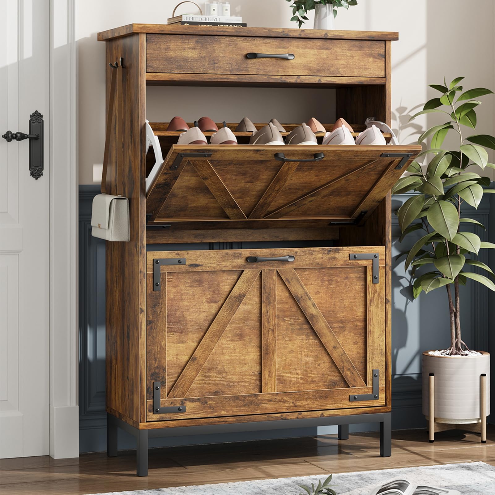 Farmhouse Style Shoe Storage Cabinet - Narrow Entryway Shoe Organizer with 2 Flip Drawers, Free Standing Slim Shoe Rack for Foyer & Hallway (Brown) - Perfect for Small Spaces & Home Organization