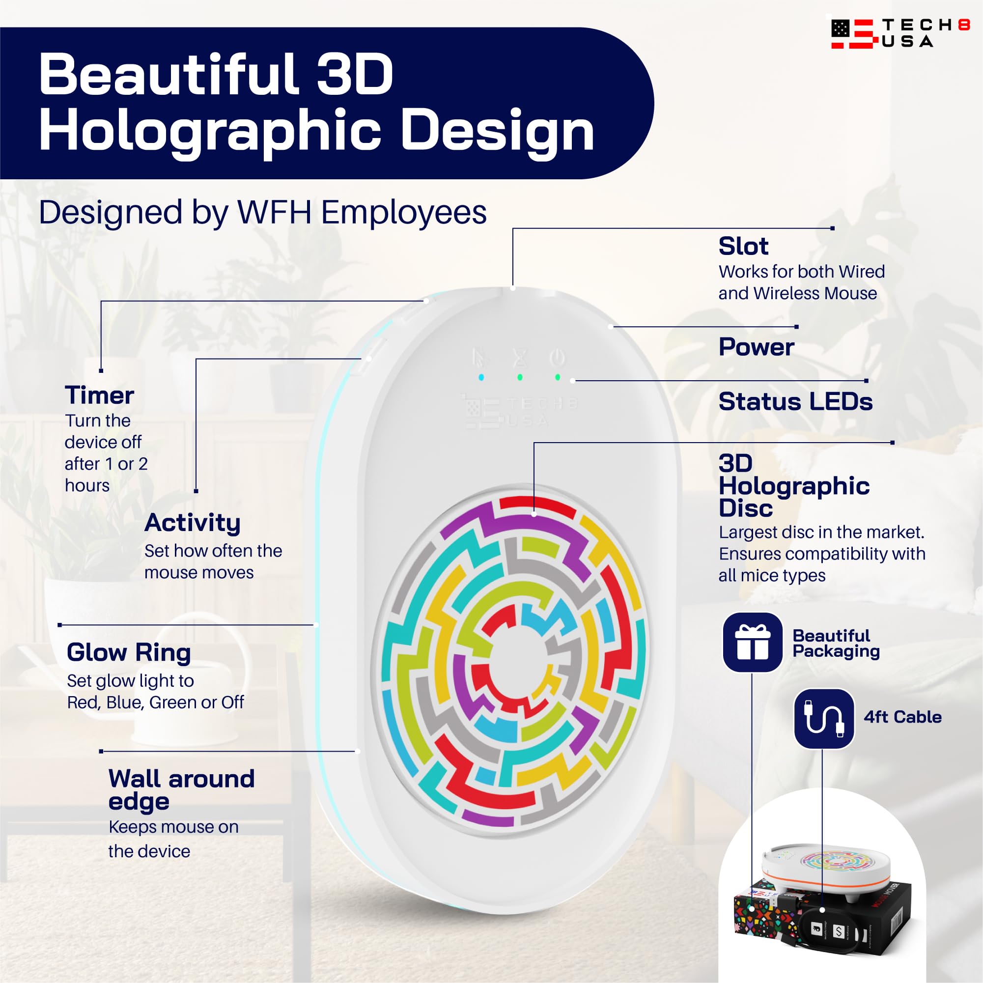 Tech8 USA Mouse Mover Device - Undetectable Mouse Jiggler for Laptops & PC, No Software Needed, Random Movement Technology, Patented Design (Made in USA) - Perfect for Remote Work, Online Meetings & Keeping Computer Active - 3D Hologram Glass Edition
