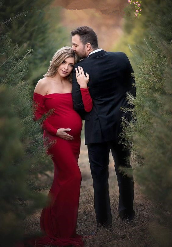 Elegant Off-The-Shoulder Long Sleeve Maternity Dress for Pregnancy & Special Occasions - Perfect for Baby Showers, Maternity Photos & Formal Events