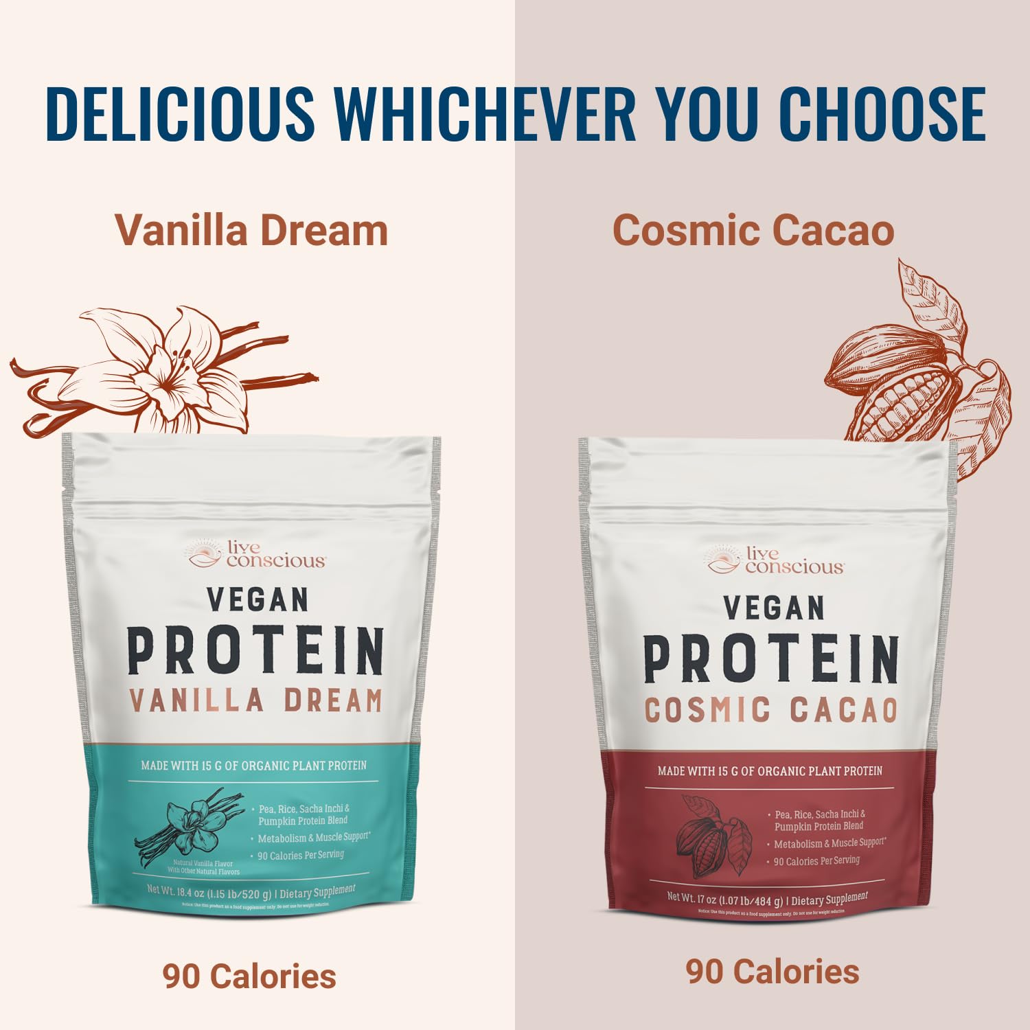 Live Conscious Cosmic Cacao - Organic Vegan Chocolate Protein Powder with Pea, Brown Rice, Pumpkin & Sacha Inchi - Plant-Based Protein Blend - 17oz (20 Servings) - Perfect for Smoothies, Baking & Post-Workout Recovery