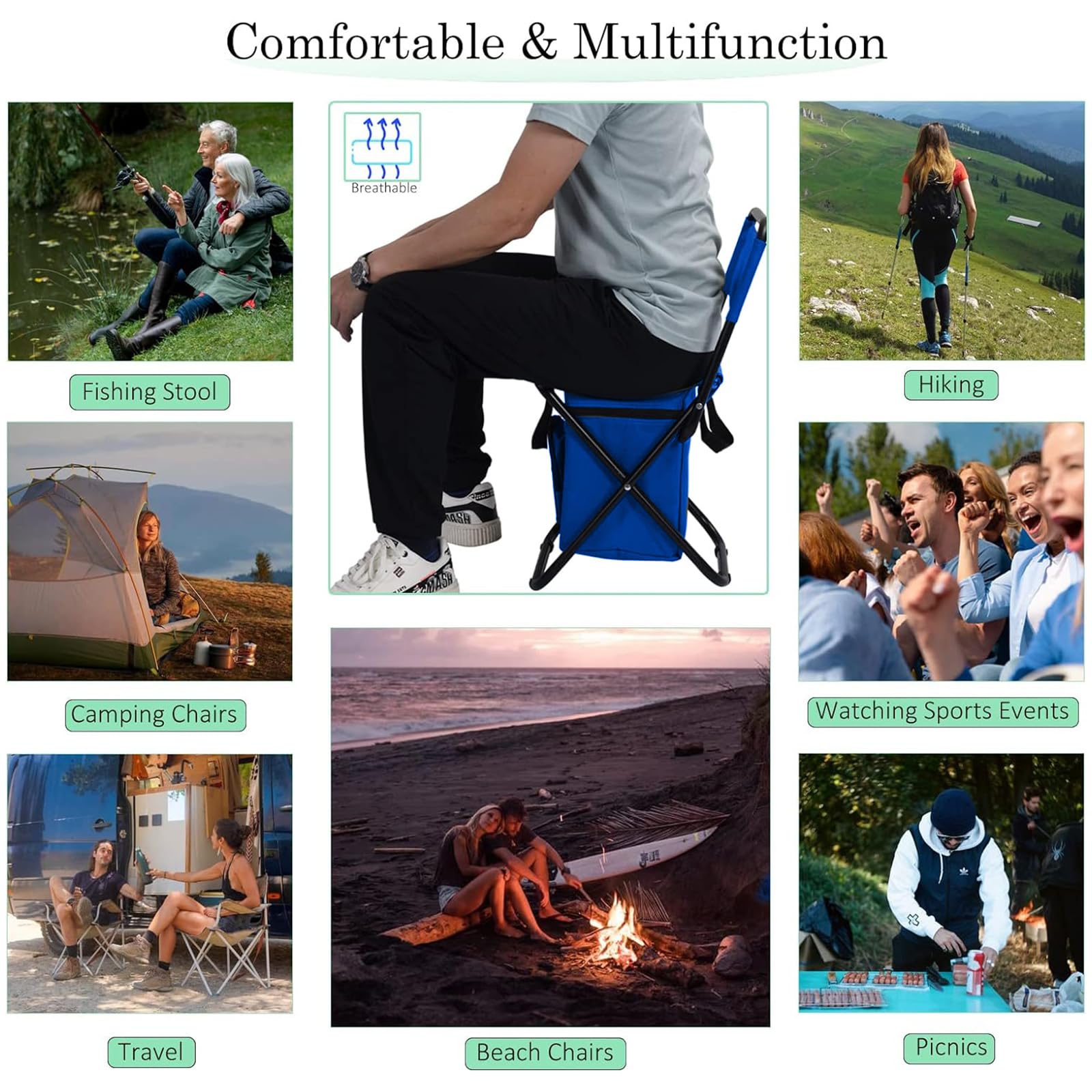 Sequpr Foldable Fishing Chair with Cooler Bag & Backrest - Portable Camping Chair for Fishing, Hunting, Hiking - Lightweight Outdoor Gear for Beach, Picnic & Backyard (Blue)