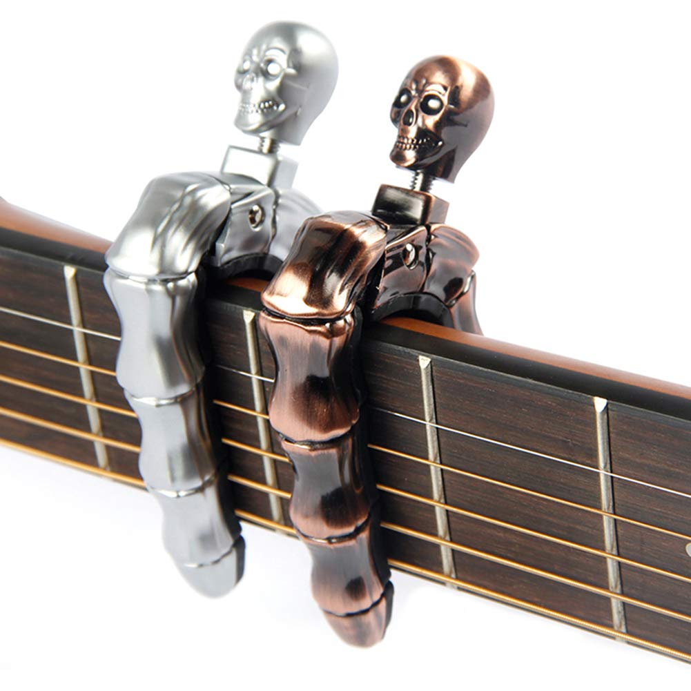 Premium Guitar Capo with Skull Knob Design - Universal Fit for 4,5,6 & 12 String Instruments - Electric, Classical, Acoustic Guitar, Bass, Ukulele, Mandolin & Banjo Accessories (Silver) - Perfect for Stage Performances, Studio Recording & Practice Sessions
