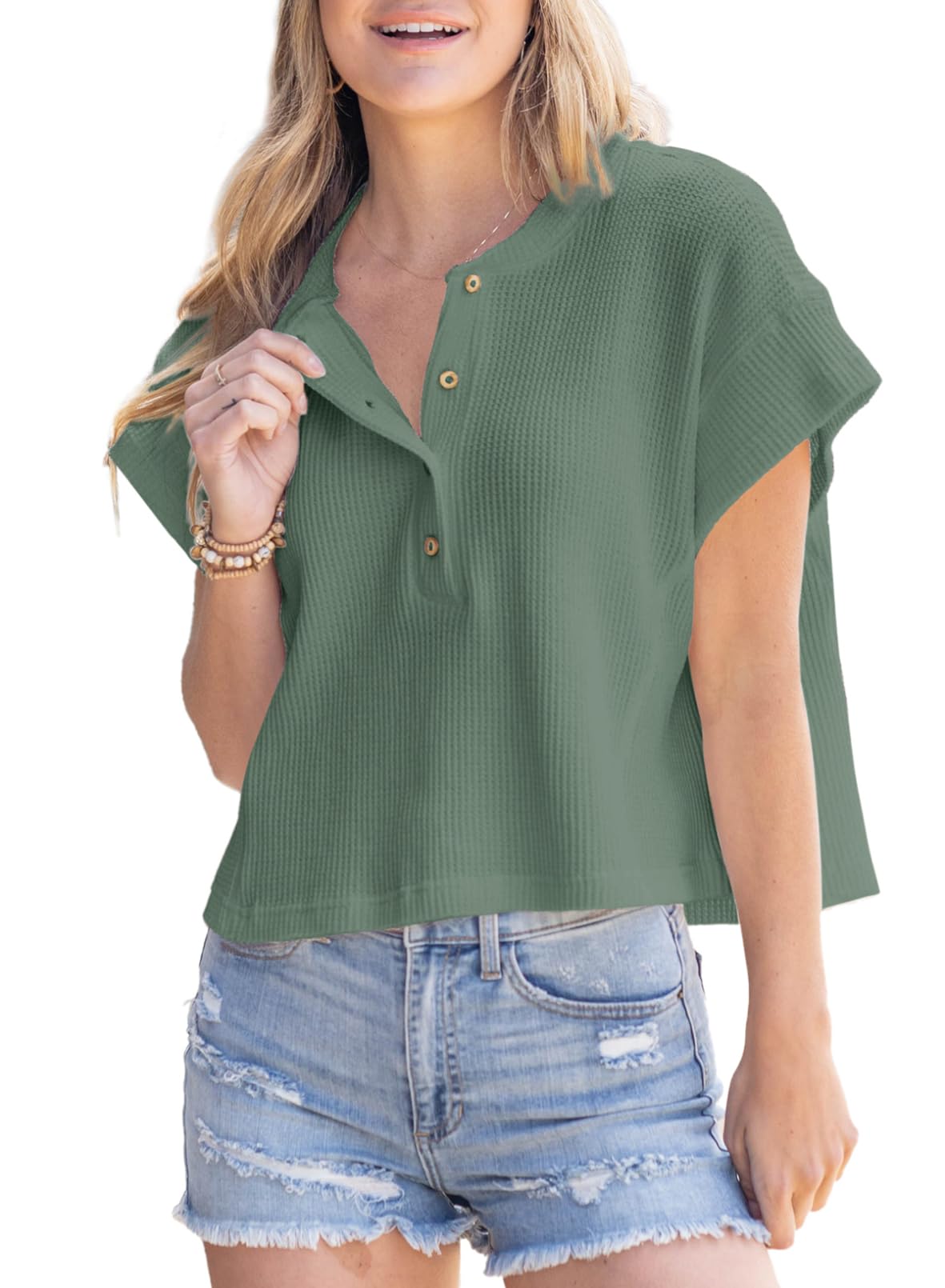 Dokotoo Women's Casual Button Down Henley Shirt - Soft Waffle Knit Short Sleeve Blouse, Round Neck Loose Fit Summer Tunic Top for Everyday Wear, Outings & Beach Cover-Up