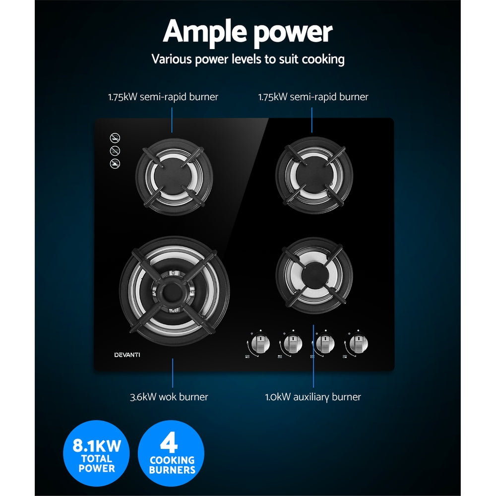 Devanti 60cm 4 Burner Gas Cooktop - Black Stainless Steel Stove for Home Kitchen | Perfect for Cooking, Boiling & Frying | Ideal for Apartments, RVs & Outdoor Use