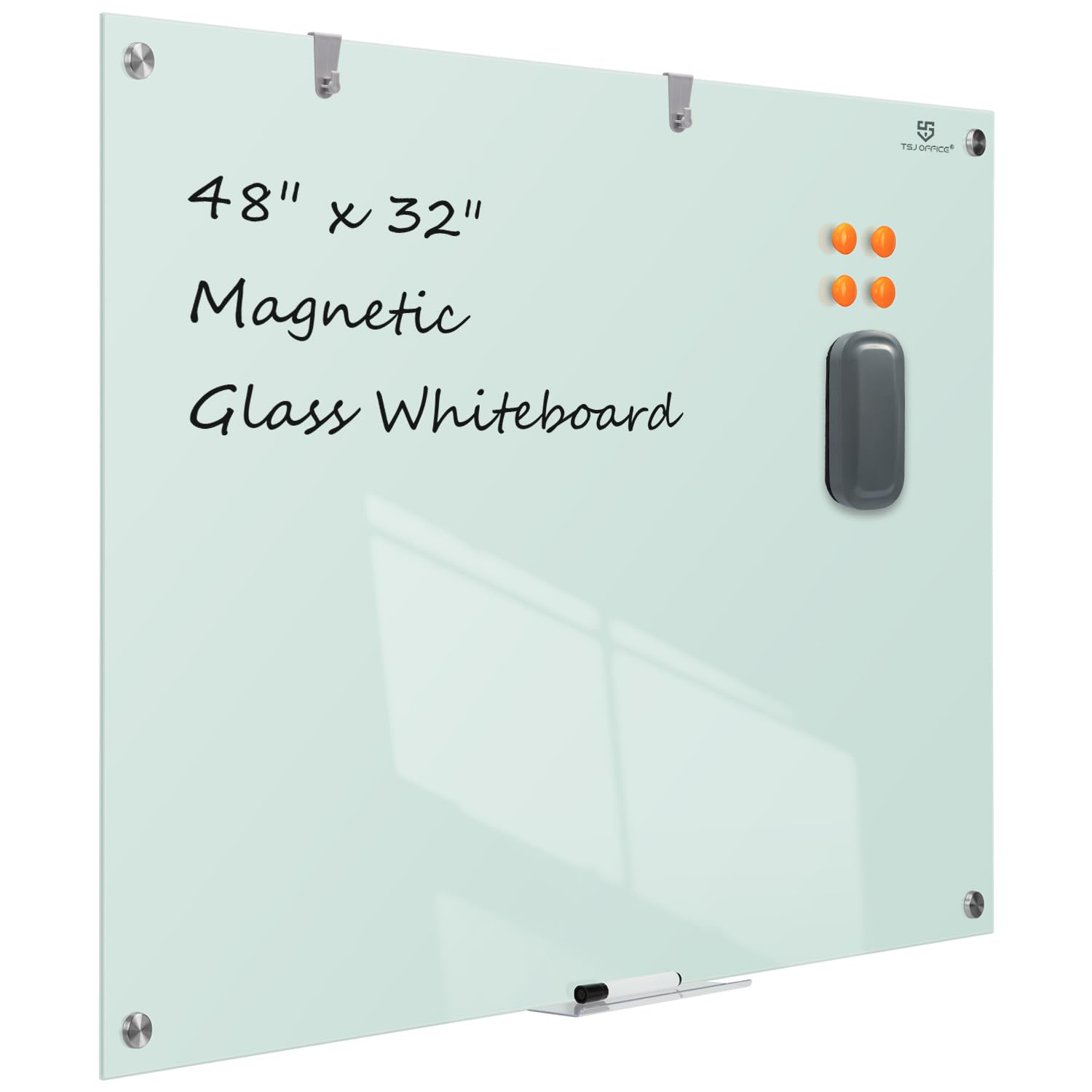 TSJ OFFICE 48x32 Inch Glass Dry-Erase Board - Magnetic Wall Mounted Whiteboard for Office, Home & School - Frameless Glass Writing Surface for Meetings, Presentations & Home Organization