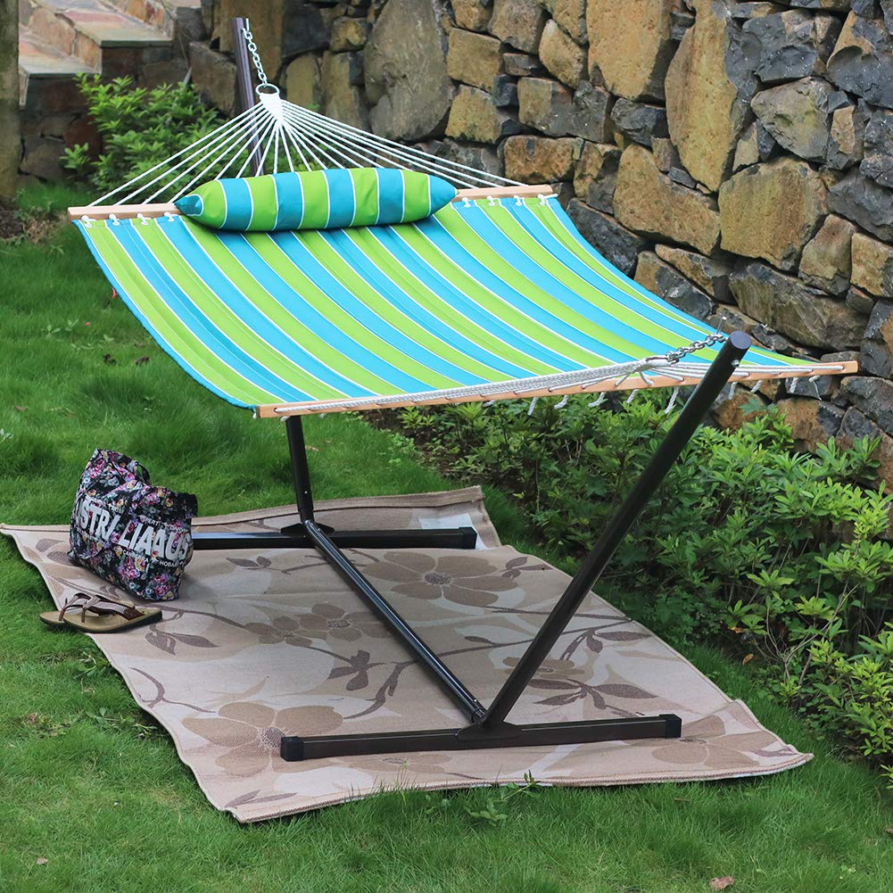 2 Person Heavy Duty Outdoor Hammock with Curved Spreader Bar & Pillow - Portable Hammock Stand for Garden, Backyard, Pool, Beach - Perfect for Relaxing, Camping & Vacation (Green Stripe)