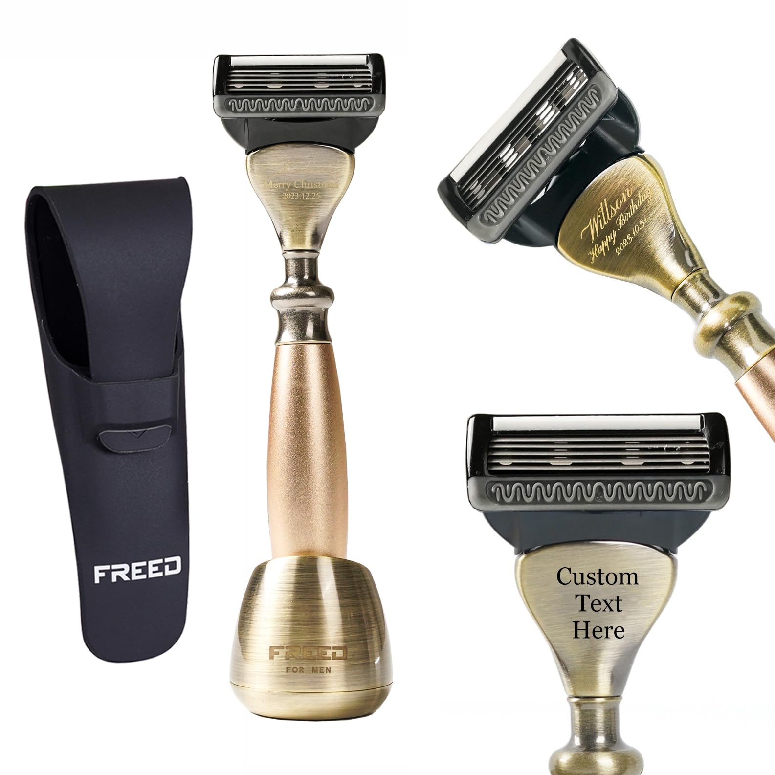 Premium 5-Blade Razor Travel Set - Bronze Series with 5 Blades, Travel Case & Razor Stand - Durable Aluminum Alloy Men's Grooming Gift (Gold) - Perfect for Business Trips, Vacations & Daily Shaving