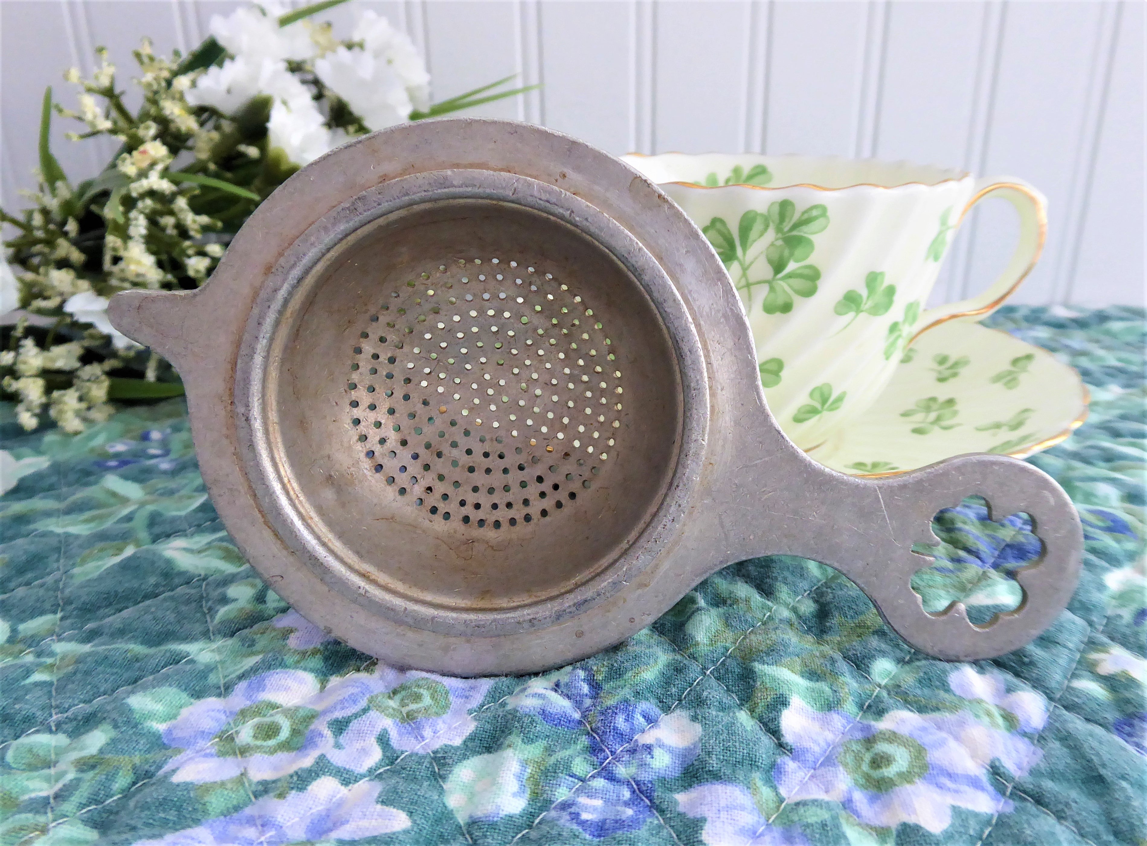 Vintage 1930s Shamrock Handle 4-Leaf Clover German Tea Strainer - Pierced Aluminum Good Luck Charm for Tea Lovers | Perfect for Irish-Themed Parties, Tea Ceremonies & Collectible Display